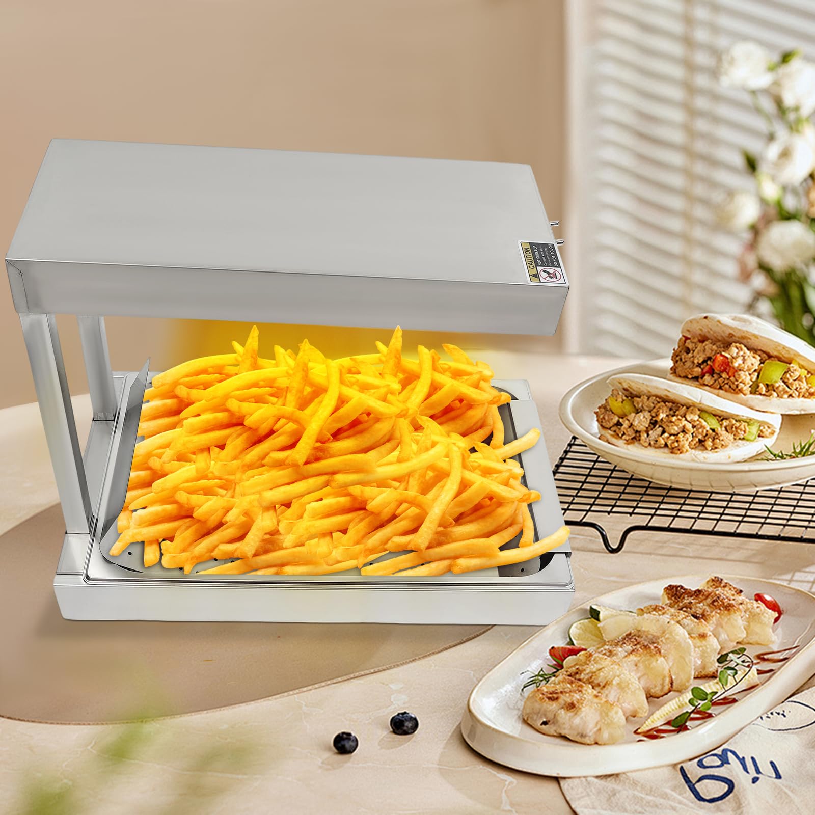 Chauffe-frites, 750 W, 80 °C, 56 x 33 x 46,5 cm, en acier inoxydable, avec lumière au tungstène, pour boulangeries, cafés, fêtes