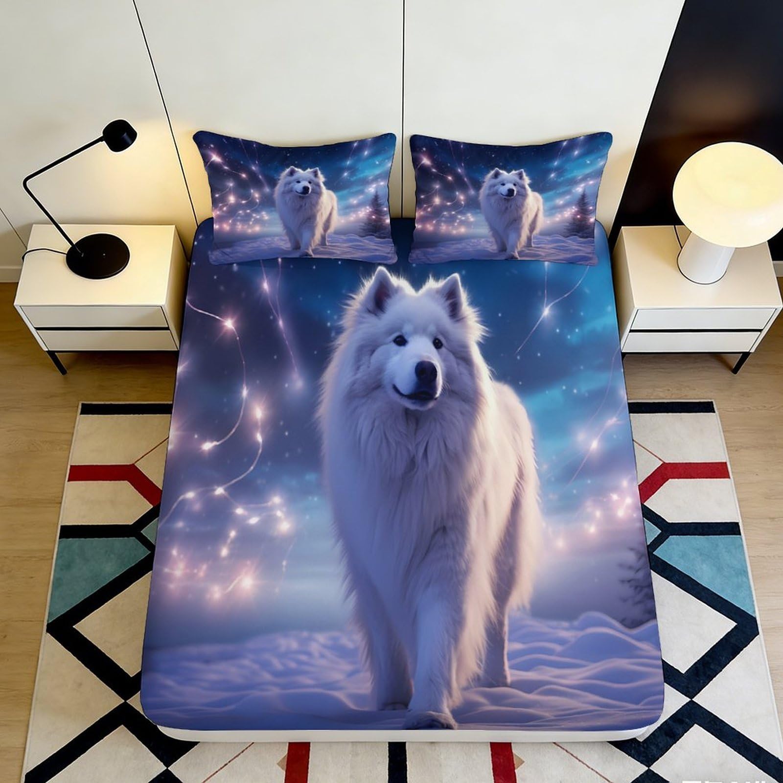 3D Printed White Samoyed Dog Fitted Sheet Microfiber Soft Breathable Starry Sky Bed Cover for Bedroom Dormitory Guest Room Mattress Protection Decor 180x200x25cm