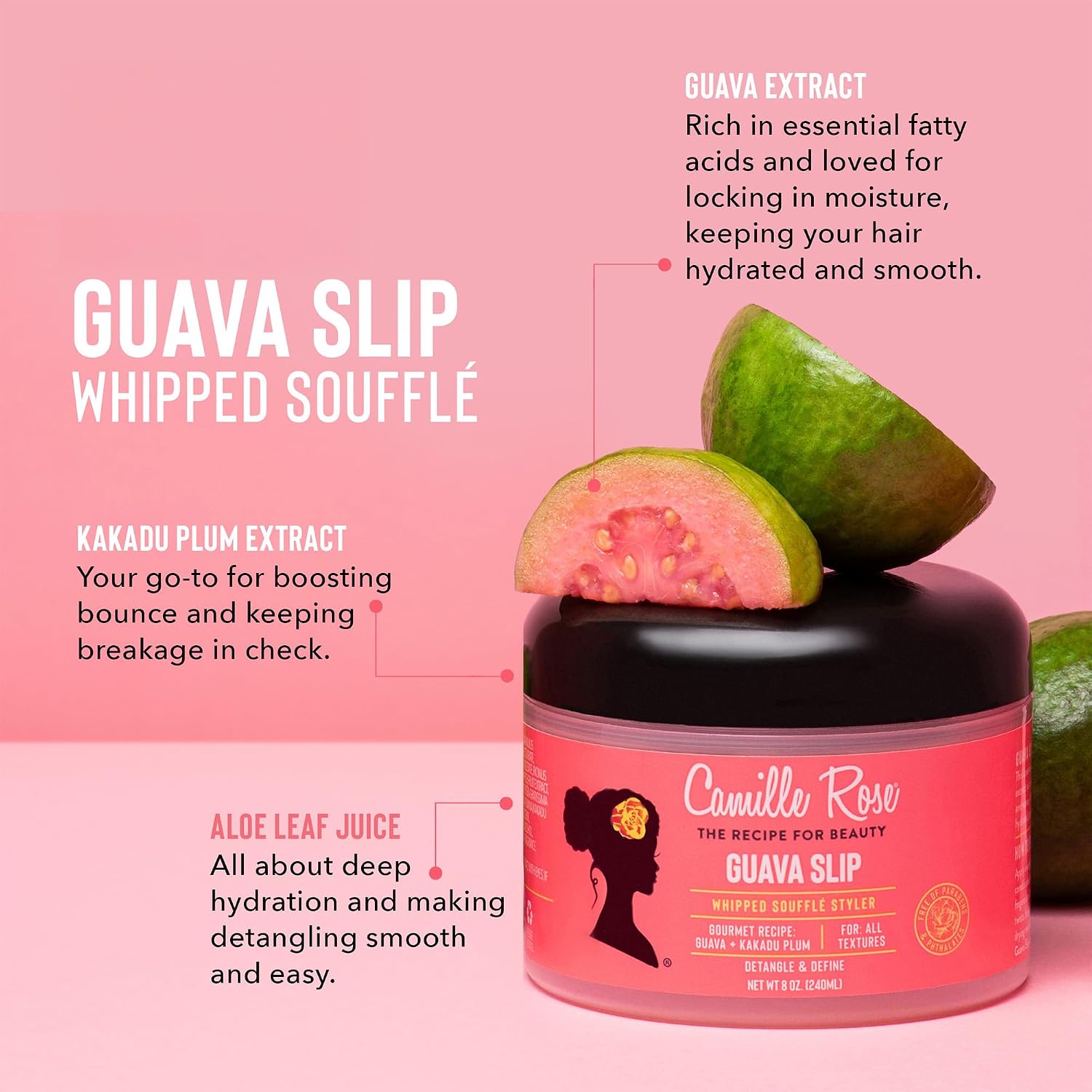 Camille Rose Guava Whipped Hair Styling Cream, with Kakadu Plum & Shea Butter to Detangle, Control Frizz & Define Strands, for All Hair Textures, 8 oz