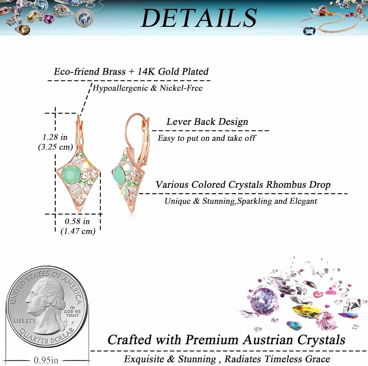 Multicolored Austrian Crystal Rhombus Drop Earrings for Women 14K Gold Plated Leverback Huggie Earrings Hypoallergenic Jewelry Gift - Image 4