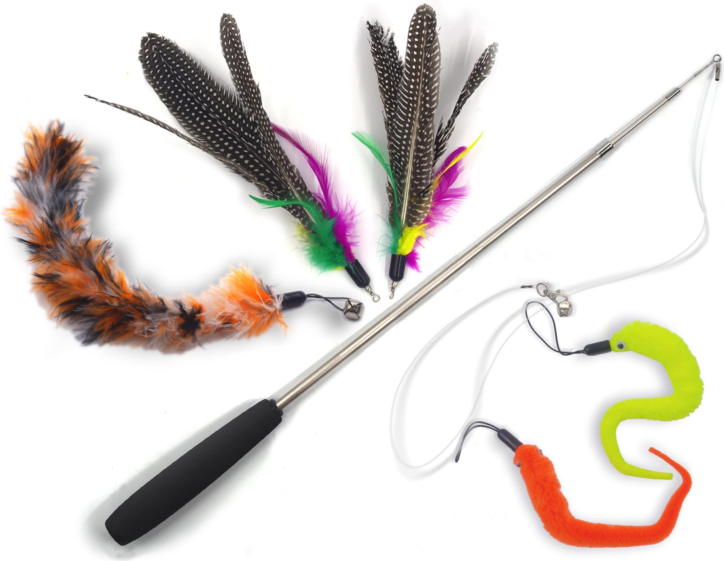 Blinggo Cat Toys Wand Retractable Interactive Feather Teaser Cat Toy with Bell, 5pcs Refills