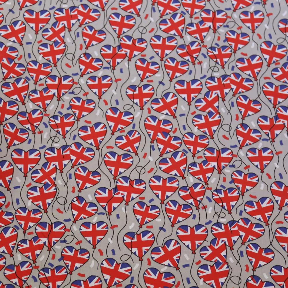 Polycotton Fabric Hearts Union Jack Flags Floating Balloons Sold Per Metre (Grey)
