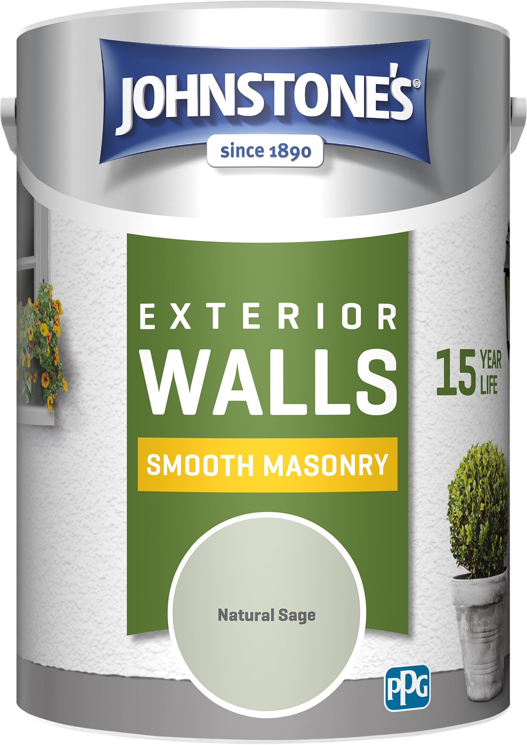 Johnstone's, Exterior Smooth Masonry Paint, Natural Sage, Up to 15 Years Protection, Weather & Dirt Resistant, 60m² Coverage Per Tin, Dry in 1-2 Hours, 5L