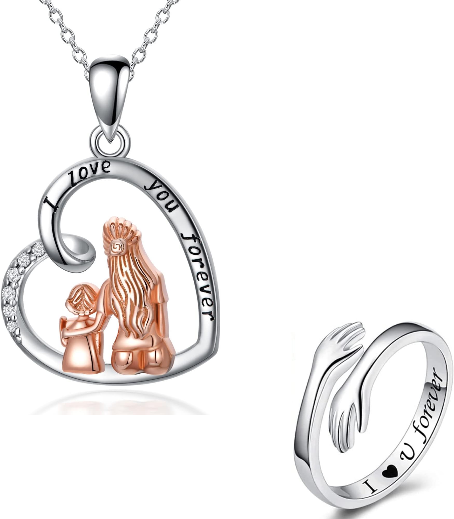 AlszicMothers Day Gifts from Daughter Silver Mom Daughter Necklace Hug Ring Jewelry Birthday New Year Gifts for Mom Daughter