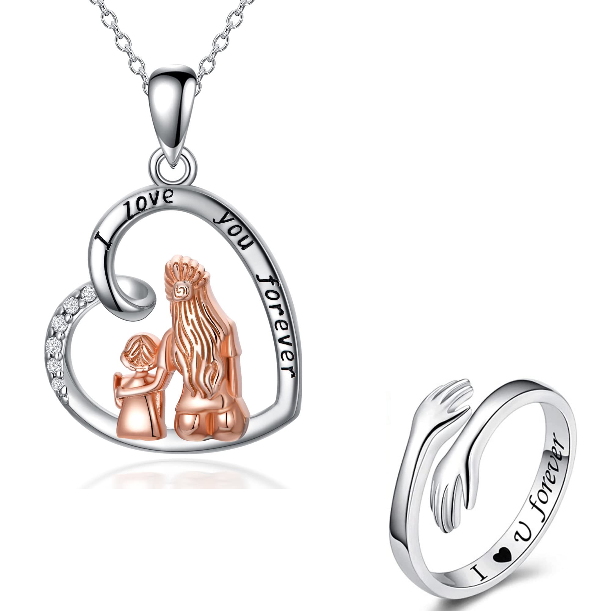 AlszicMothers Day Gifts from Daughter Silver Mom Daughter Necklace Hug Ring Jewelry Birthday New Year Gifts for Mom Daughter
