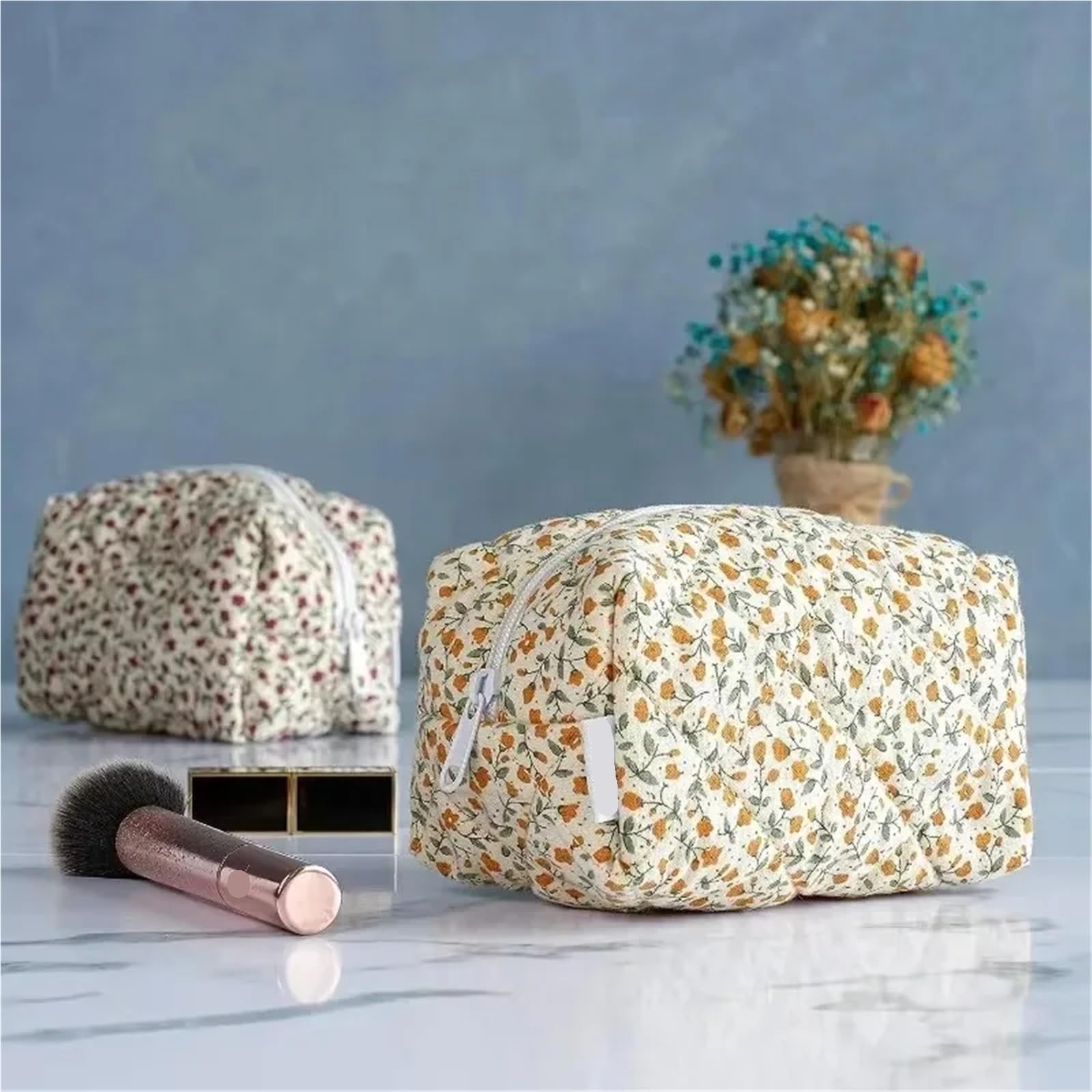 Bolsas de cosméticos Organizador Almacenamiento Bolsas Bolsa Maquillaje Acolchada y esponjosa con Estampado Flores Viaje Grande Accesorio for Guardar(Red)