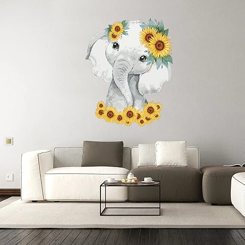 Miniatura 3 de Divertidos calcomanías de vinilo de elefante de animales para decorar el hogar, lindo elefante bebé con tocado de girasol, calcomanías para