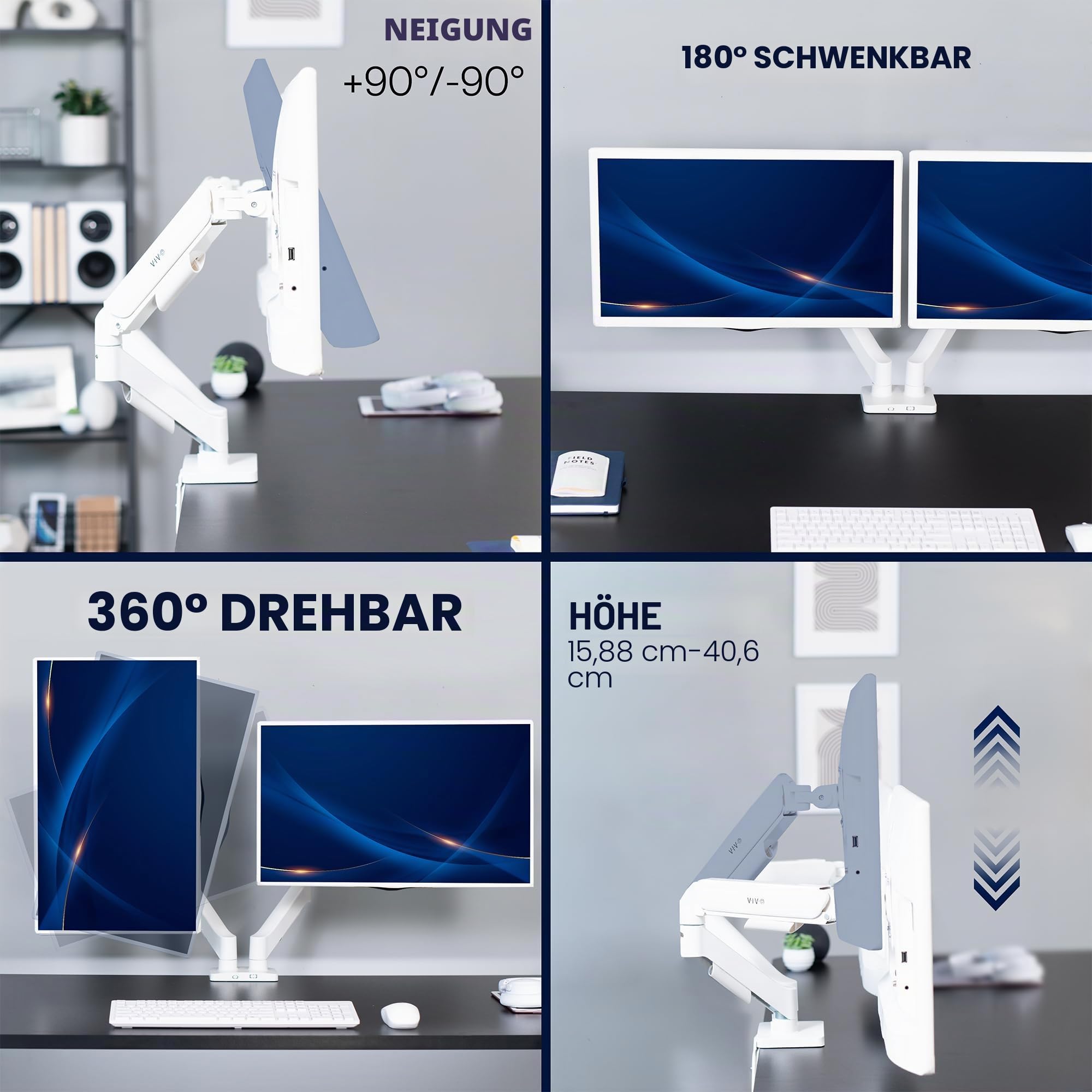 VIVO STAND-V002OW Dual-Monitor bis zu 81,3 cm (32 Zoll) und 9 kg pro Bildschirm, mechanische Arm-Schreibtischhalterung, Gelenk-Gegengewicht, VESA-Ständer, klassisch, Weiß