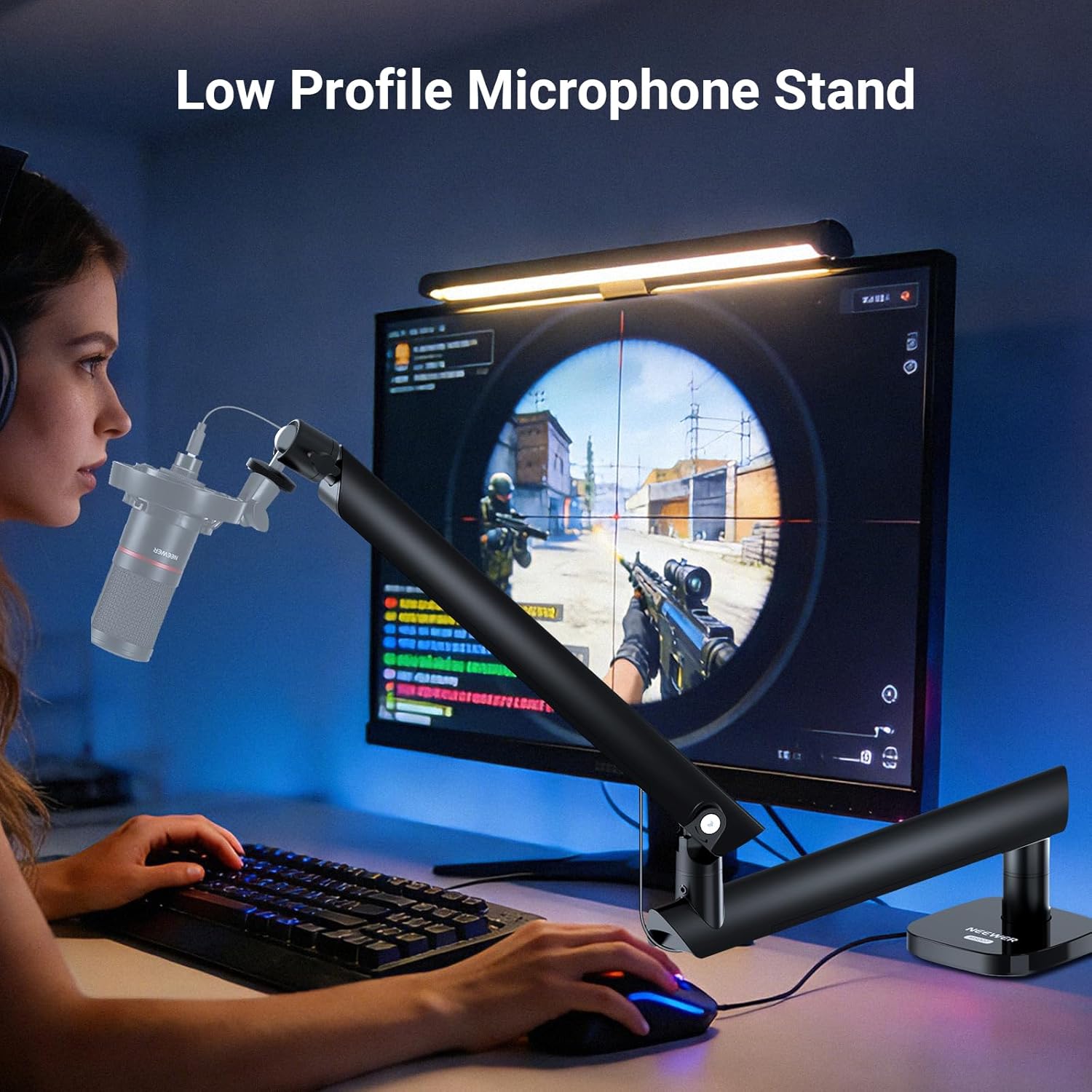 NEEWER Low Profile Mic Boom Arm Desk Mount, Microphone Boom Arm with 360° Ball Head & Cable Management Channels, 1/4" 3/8" 5/8" Threads for Podcast Streaming Gaming Recording, Max Load 3.3 lb, MS007