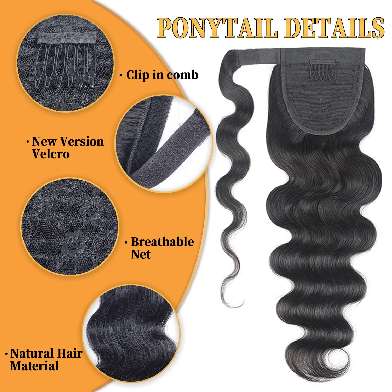 Brazilian Virgin Body Wave Human Hair Ponytail Natural Color 26Inch 100% Unprocessed body wave Wrap Around Magic Paste Ponytail Natural Black Color(26inch/new) - Image 2