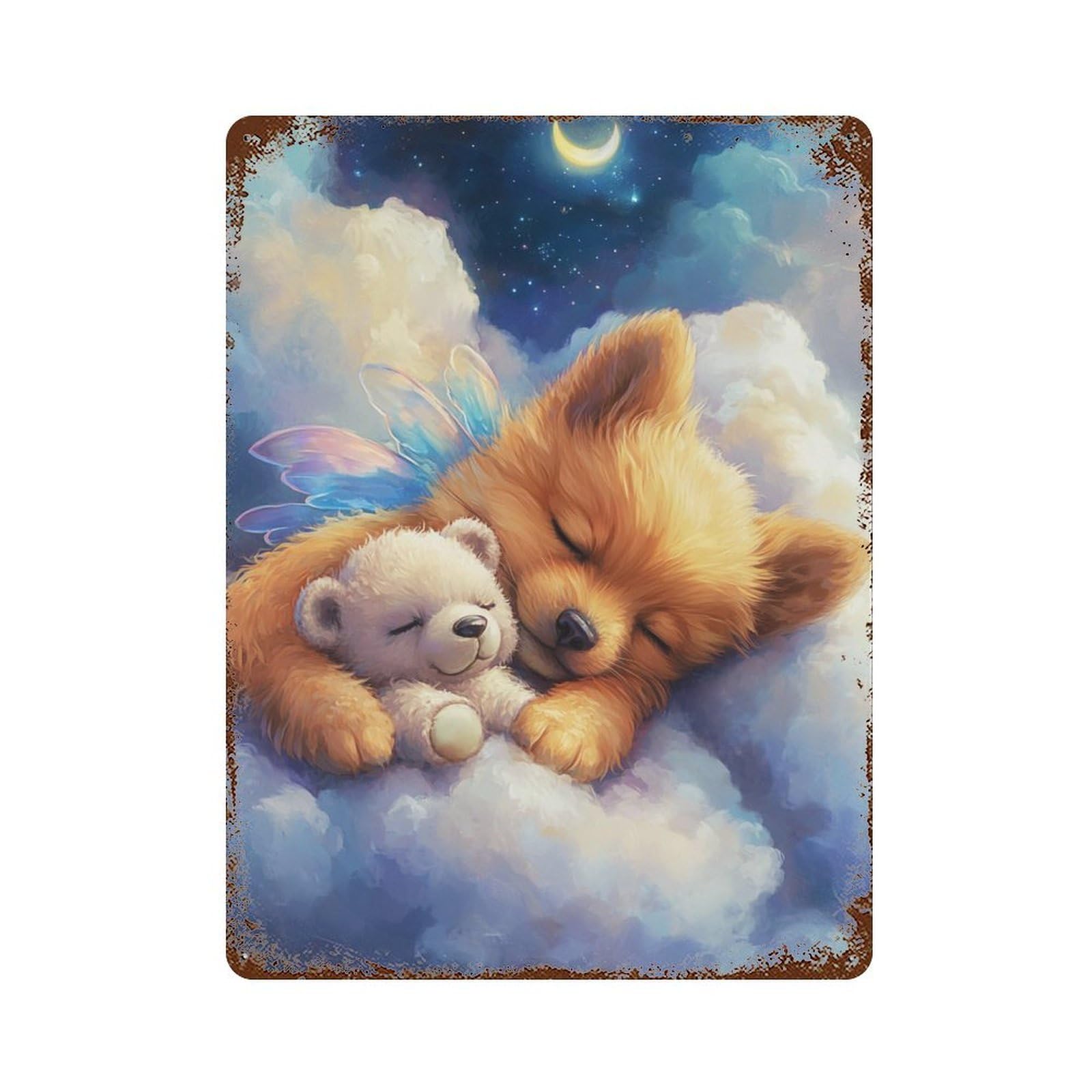 Rust Effect Sleepy Puppy & Teddy Bear Cloudscape Weathered Tin Sign 15.7"x11.8", Retro Wall Decor for Garage, Bar And Workshop Decor