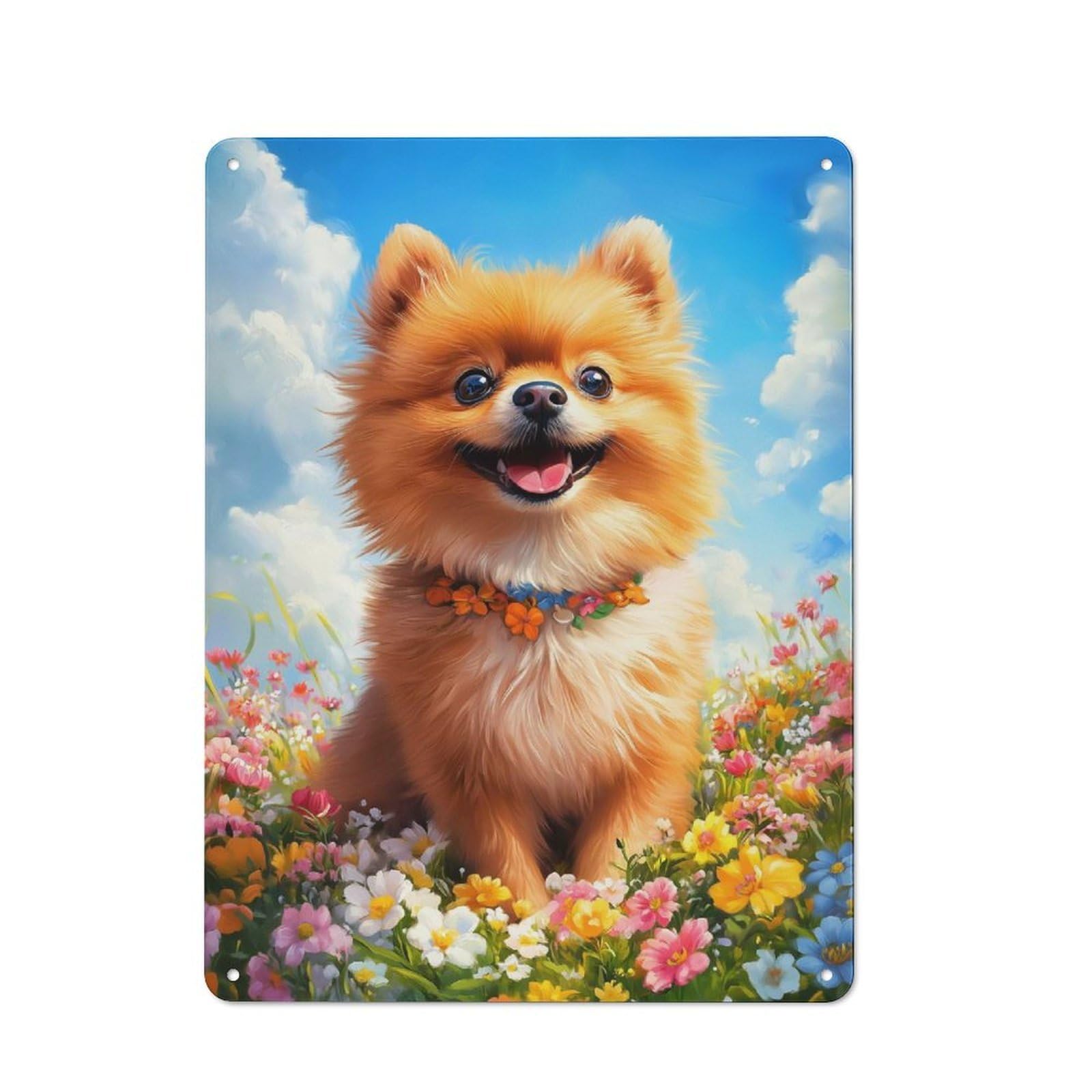 Junmoney Style-16 Classic Smiling Pomeranian In Flowers Metal Gift Sign 40X30cm, Small Space Decor For Home, Shop, Pub Or Studio Wall