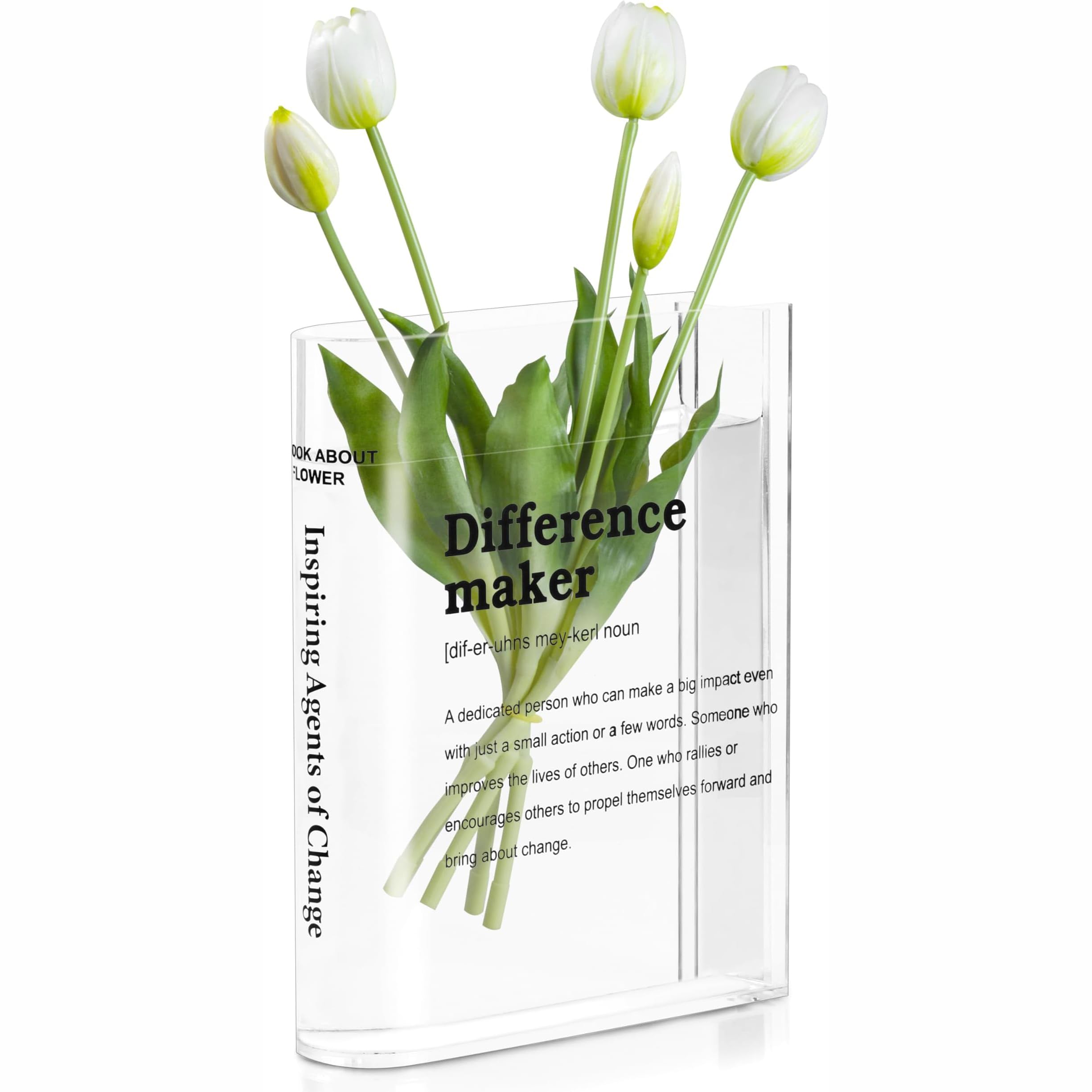 Store2508 Clear Acrylic Book Shaped Flower Vase Difference Maker Text Design 7.2 Inch Transparent Decorative Tabletop Water Vase for Home Office Living Room Bedroom Shelf Decor-image-41