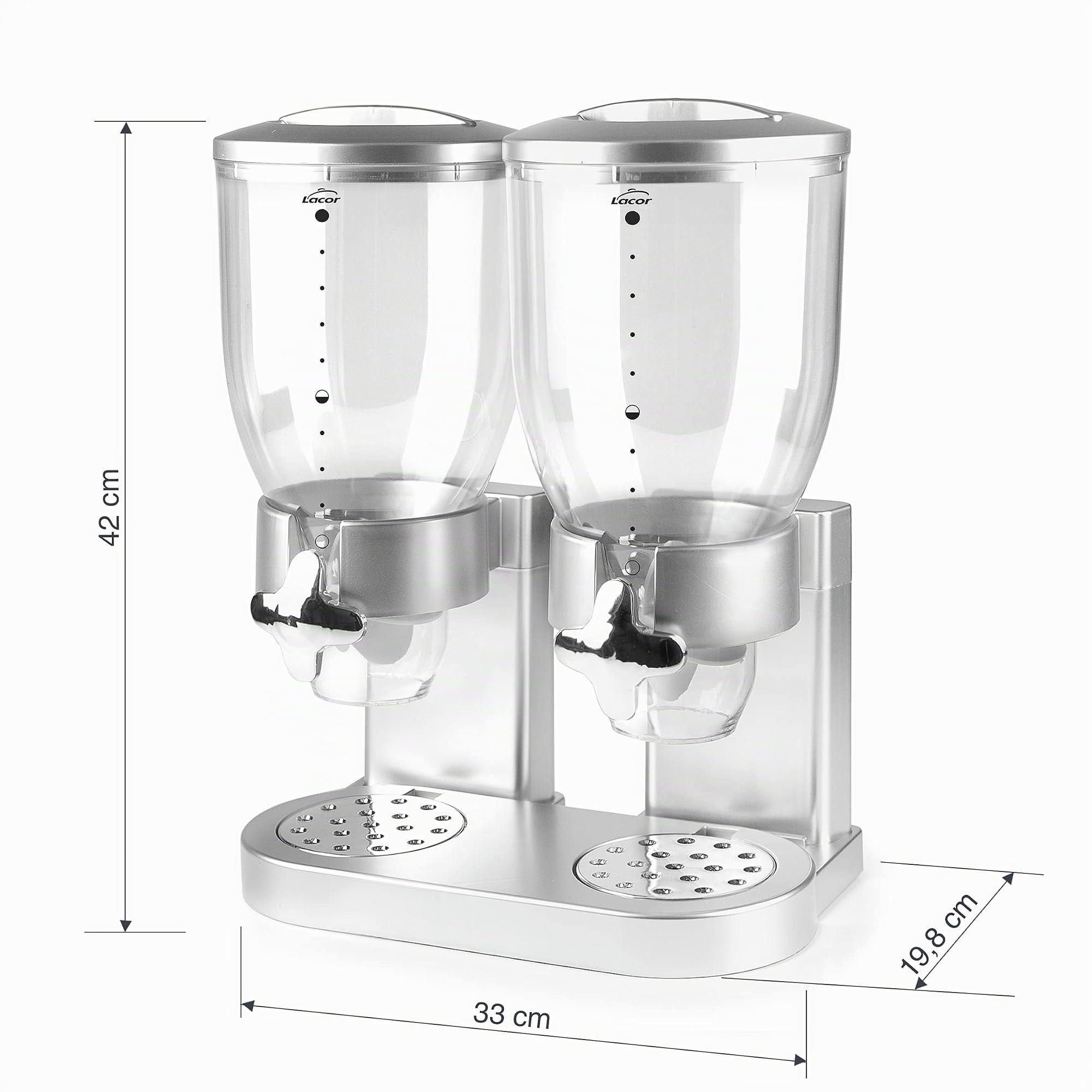LACOR - 62597 - Spender für Getreide, trockene Früchte, Paste und Süßigkeiten, doppelter Behälter mit 3,5 l, Drehsystem, BPA-frei, 33 x 20 x 42 cm, Grau | Langlebiges Profi-Utensil; entwickelt für optimale Leistung und schnelle, unkomplizierte Reinigung i