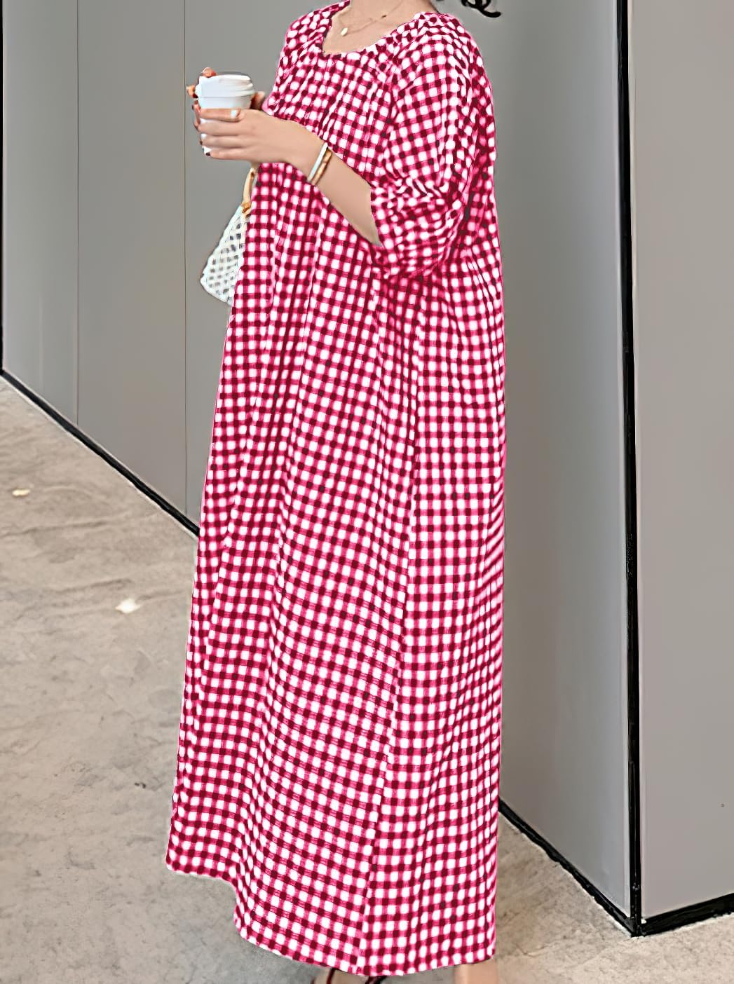 chouyatou Women's Casual Gingham Loose-Fit Swing Dress Cotton Lantern Puff Sleeve Plaid Midi Long Dress - Image 5