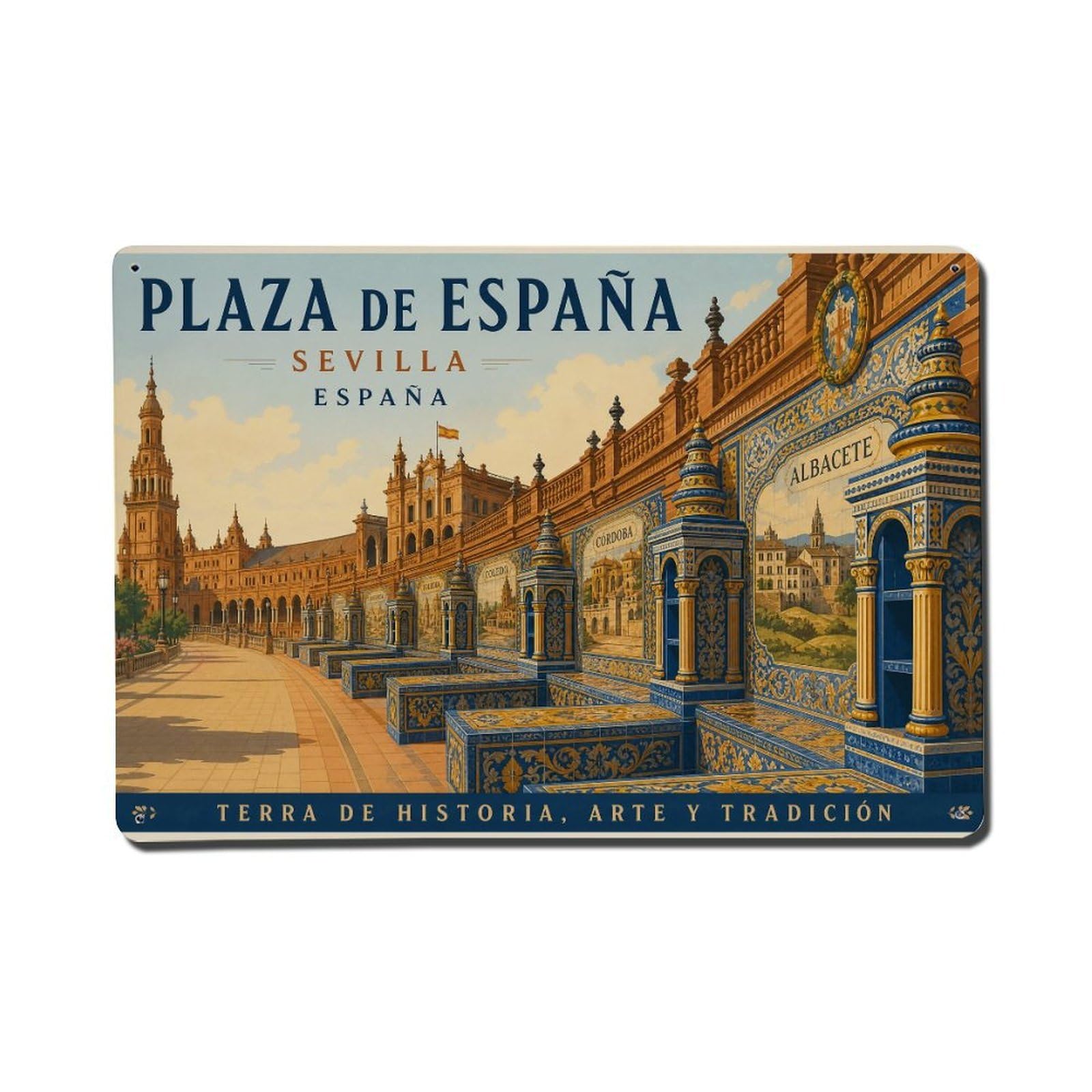 Vintage Plaza Espana Bridge Ceramic Benches Tiles Spain Metal Tin Sign