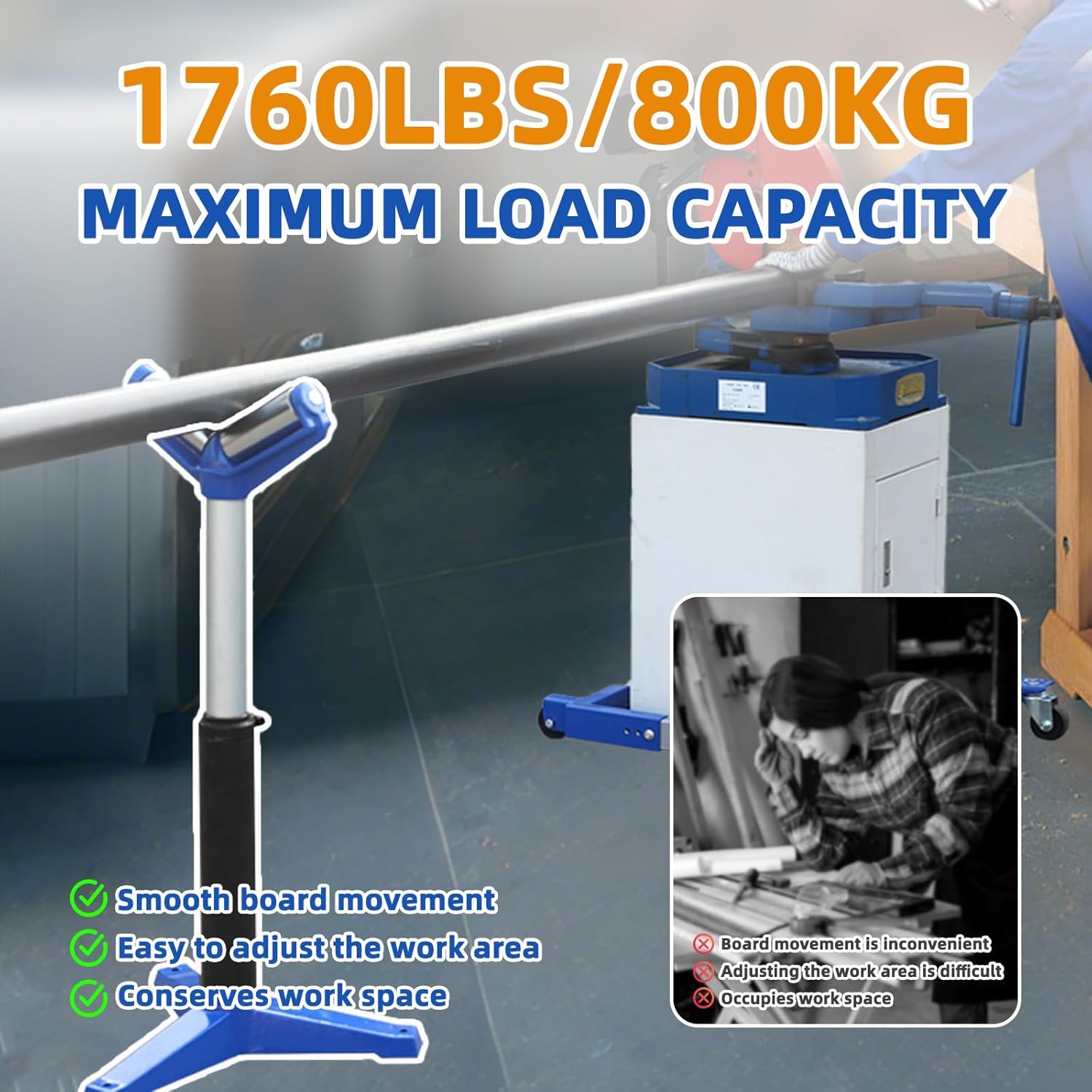 SOONTOOLS V-Head Heavy-Duty Roller for Woodworking - 1,760 Lb Load Capacity, Adjustable Height 22.83-38.19 Inches, Polished Steel Construction Compatible with Miter Saw, Table Saw