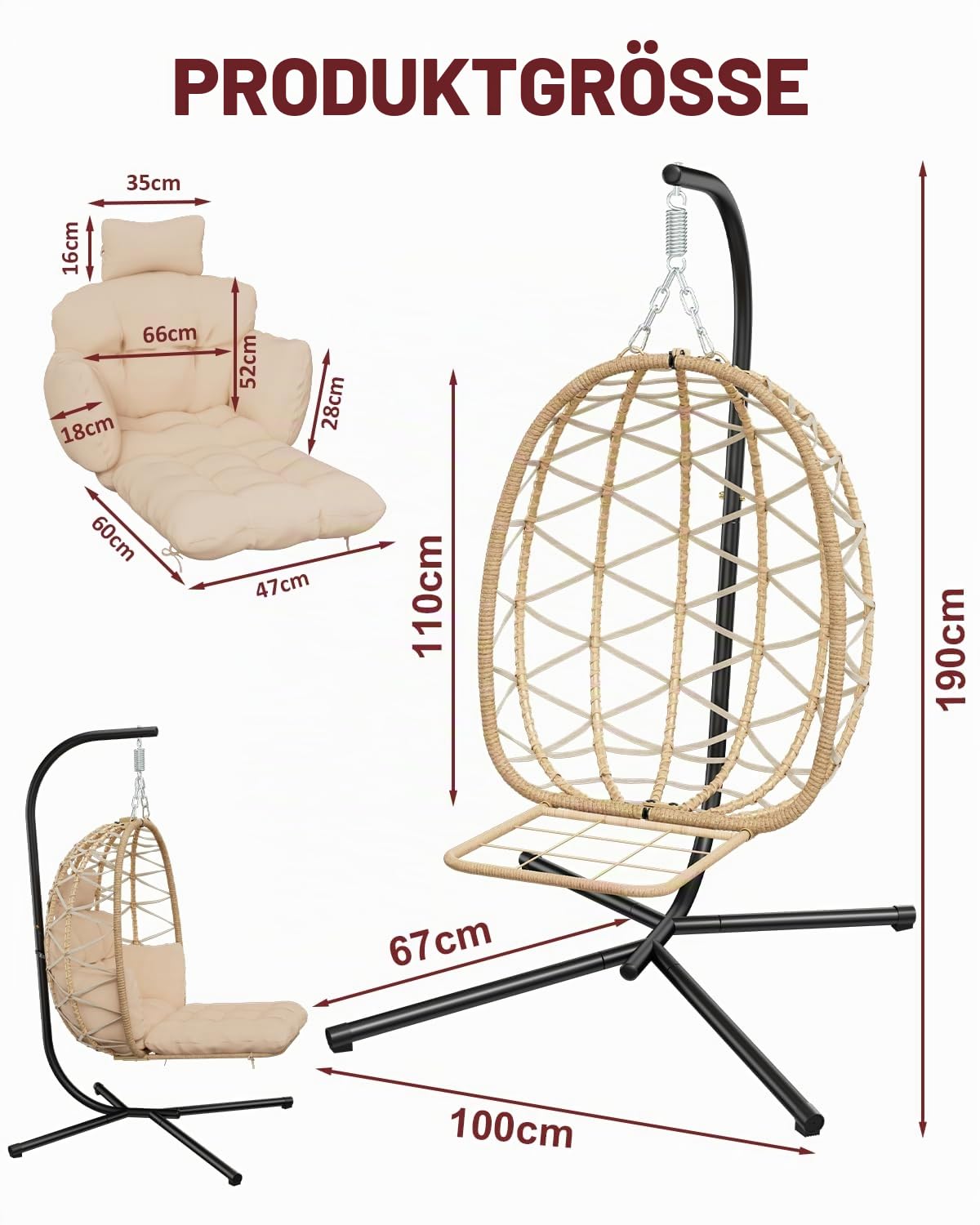 Hängesessel mit Gestell, Hängestuhl Outdoor mit Abnehmbarer Fußstütze, Garten Hängesessel mit Dickem Sitzkissen & Waschbarem Bezug, Hängeschaukel Bis 150kg, Hängestuhl für Leseecke Balkon Terrasse