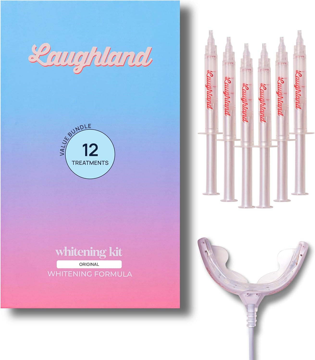 Laughland Everyday Teeth Whitening Kit + 3 Extra Gel Refills (12 Total Treatments), Phone-Powered LED Mouthpiece, 8% Hydrogen Peroxide Formula, Aloe Vera & Mint, Gentle at-Home Whitening Bundle