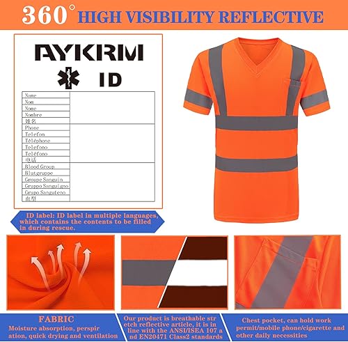 Miniatura 4 de AYKRM Hi Vis - Camiseta ANSI Clase 3 con cuello en V reflectante de seguridad de alta visibilidad (XS-6XL)
