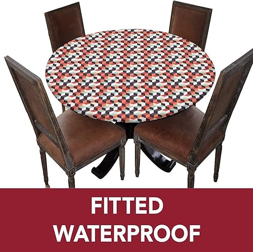 Miniatura 3 de Geometric Round Fitted Tablecloth with Elastic Edge,Retro Cubes Flat Artsy Boxes in Abstract Print Polyester Table Cloth, XXSmall, Fit Round Table