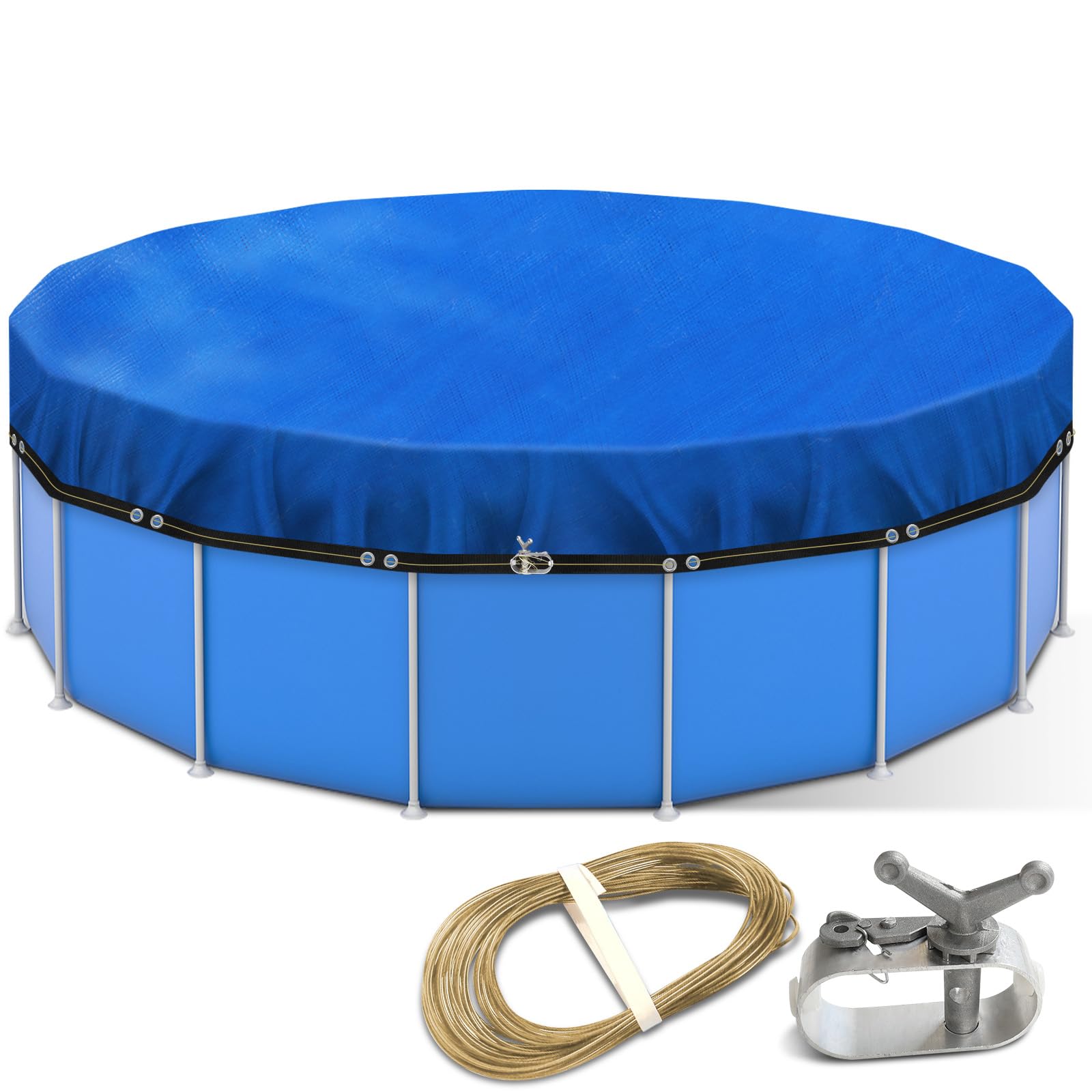 Cubierta Redonda para Piscinas de 460 cm, Lonas para Iscinas, Cubierta de Piscina de Verano e Invierno con Cordón y Clavijas para el Suelo, Fácil de Instalar y Estable, Negra