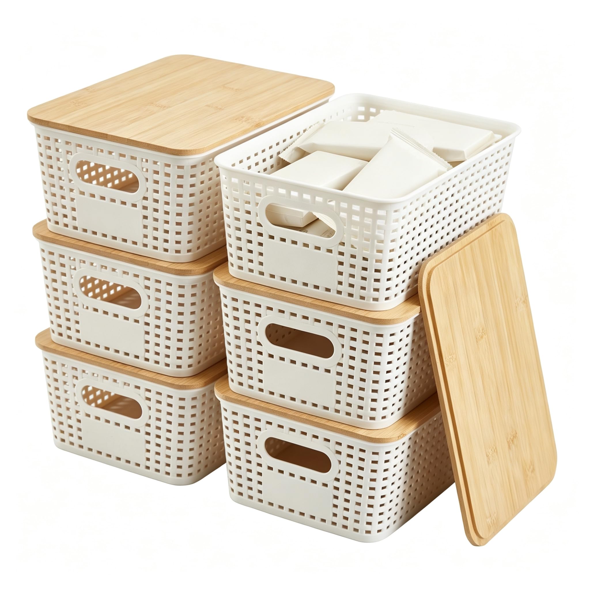 Sagittar Lot de 6 boîtes de rangement avec couvercle en bambou, panier de rangement en plastique imitation rotin, boîtes de rangement empilables, organisateur idéal pour bureau, garde-robe (Blanc)