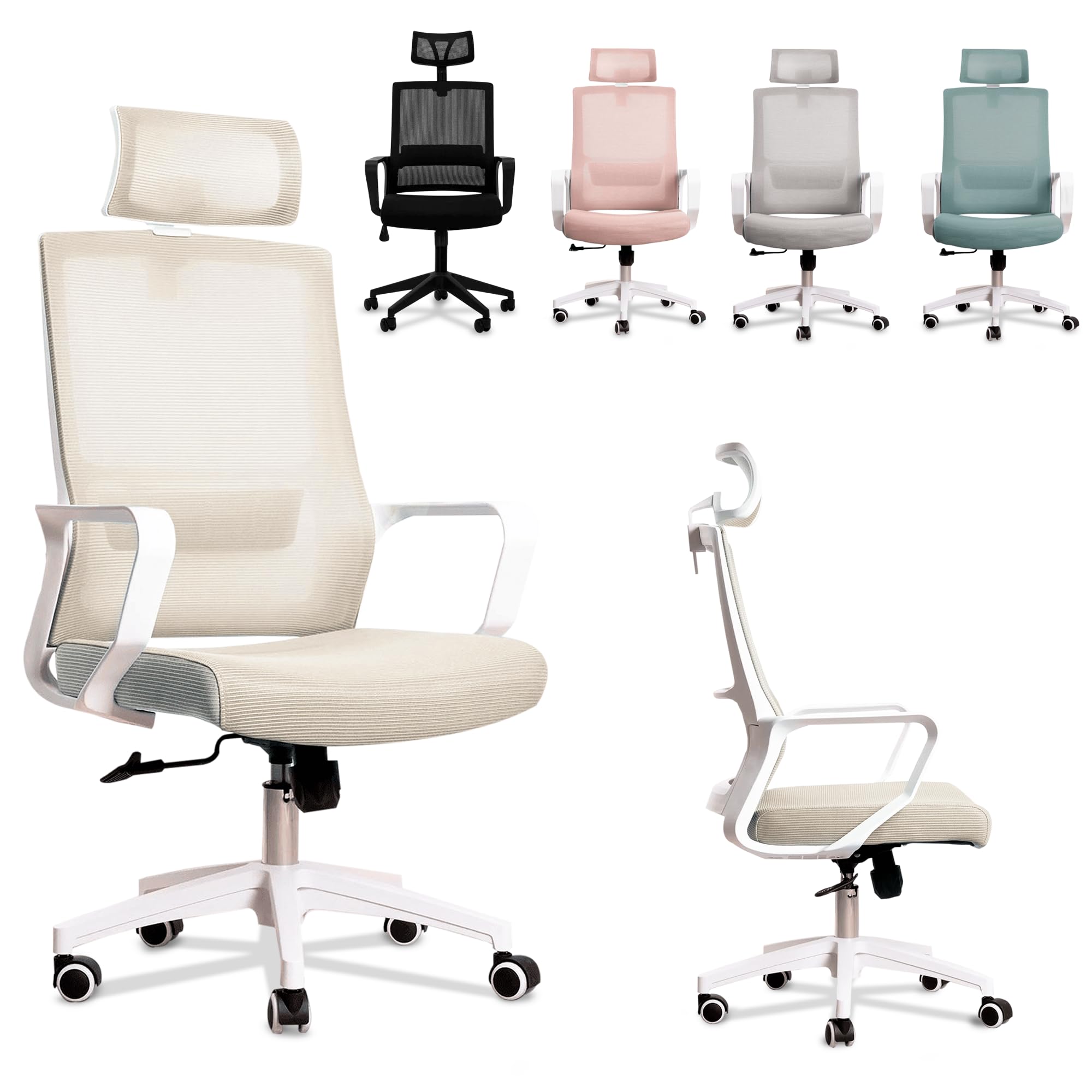 JUPPLIES Silla Escritorio Ergonomica - Silla Oficina Ajustable y Reclinable con Soporte Lumbar, Reposacabezas Ajustable, Malla Transpirable, Ruedas Giratorias 360° Soporta hasta 100kg (Beige)