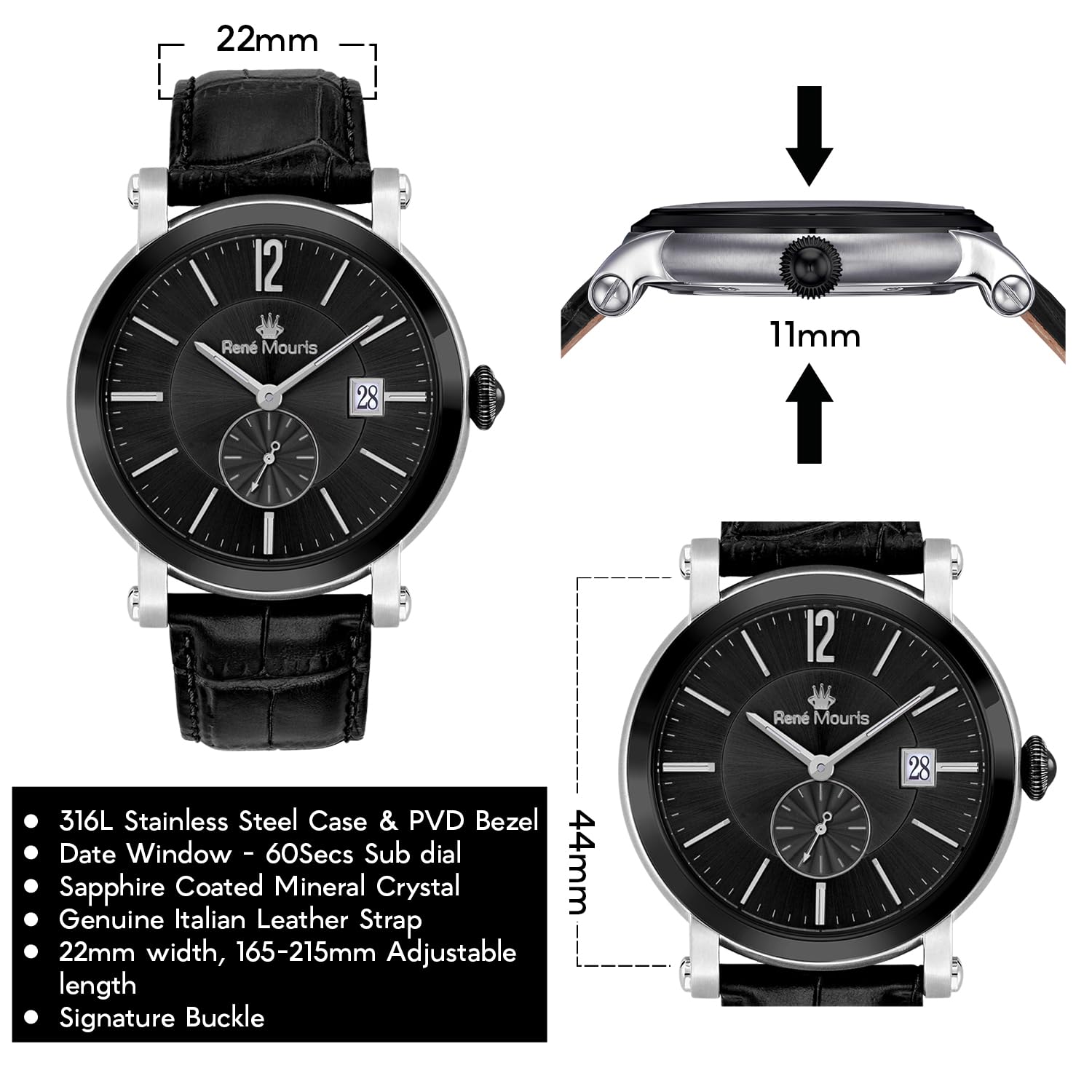Ambassador Japanische Quarzuhren Für Männer und Frauen – 44MM Klassische Uhr Aus 316L Edelstahl – Mineralglas Mit Saphirbeschichtung – 100M Wasserdichte Armbanduhren Mit Italienischem Lederarmband