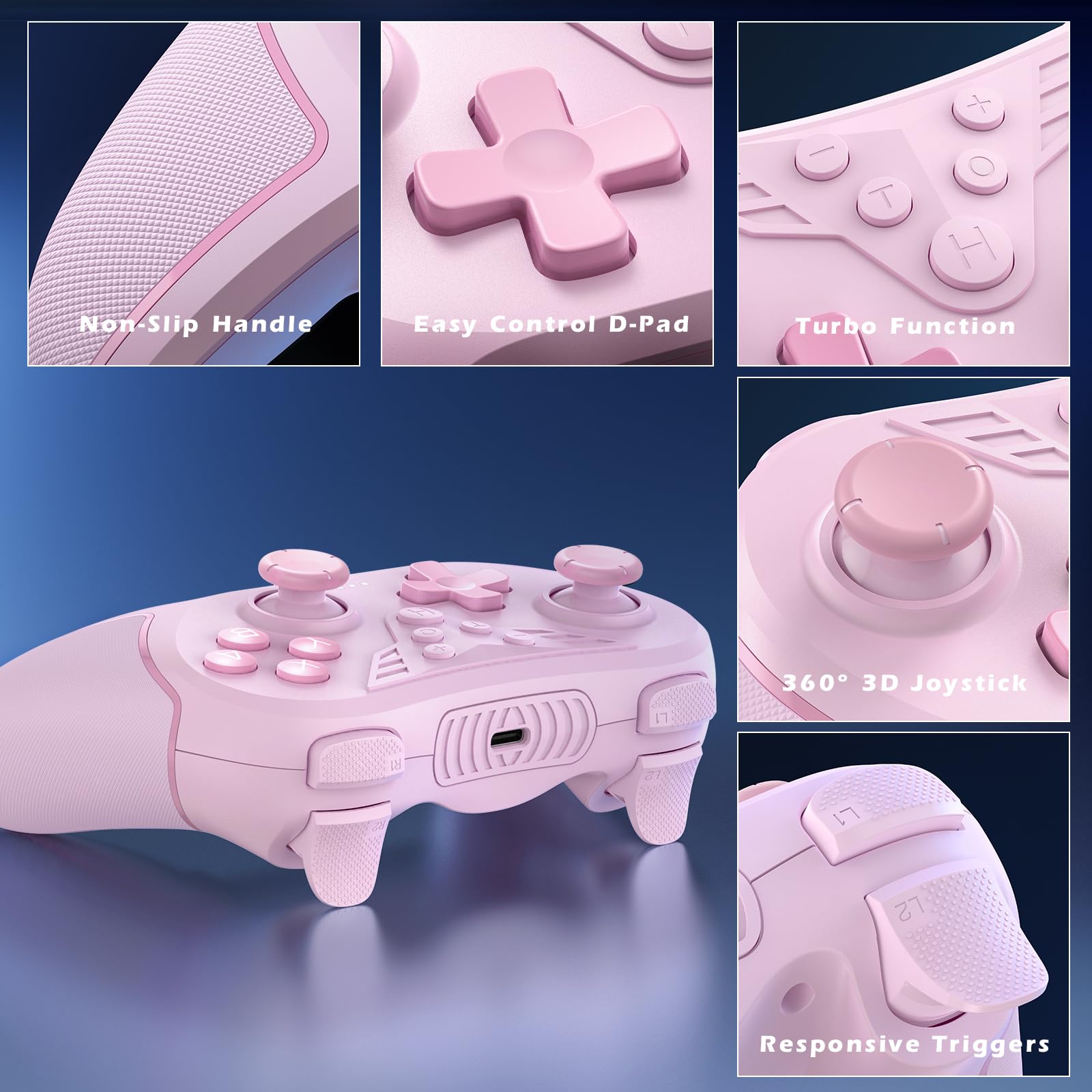 LATEC Manette pour Switch, Manette Sans Fil Compatible avec Switch Lite/Oled,TURBO/Programmation Macro/Vibraton Réglable/6 Axes Gyroscope/Capture d'écran-Rosa