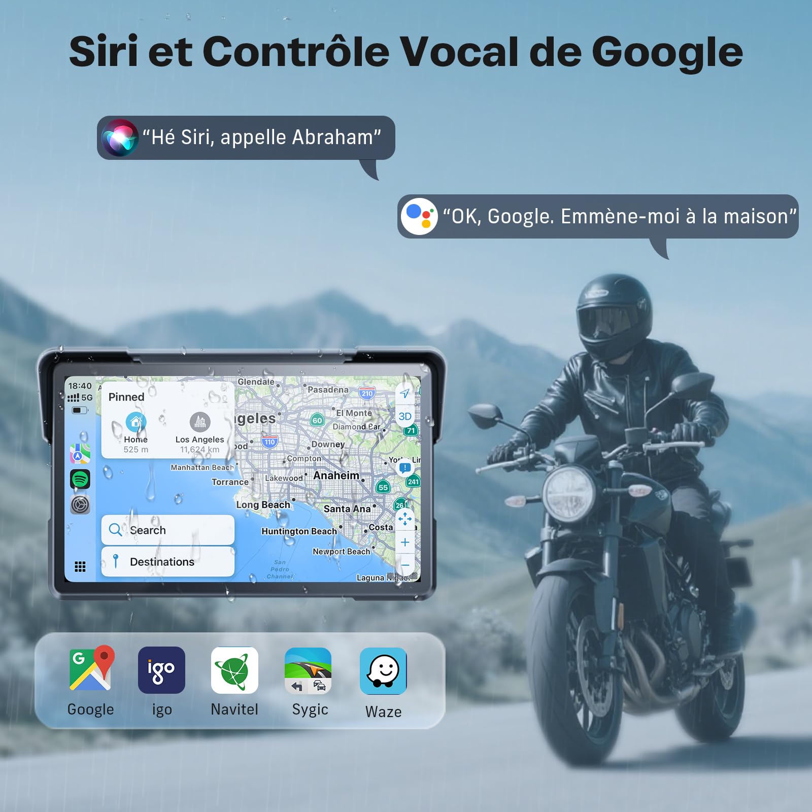WonVon CarPlay 7 Pouces Système de Navigation GPS pour Moto avec Apple CarPlay et Android Auto écran Portable avec Double Bluetooth, Navigation, Siri, Google Assistant Support magnétique