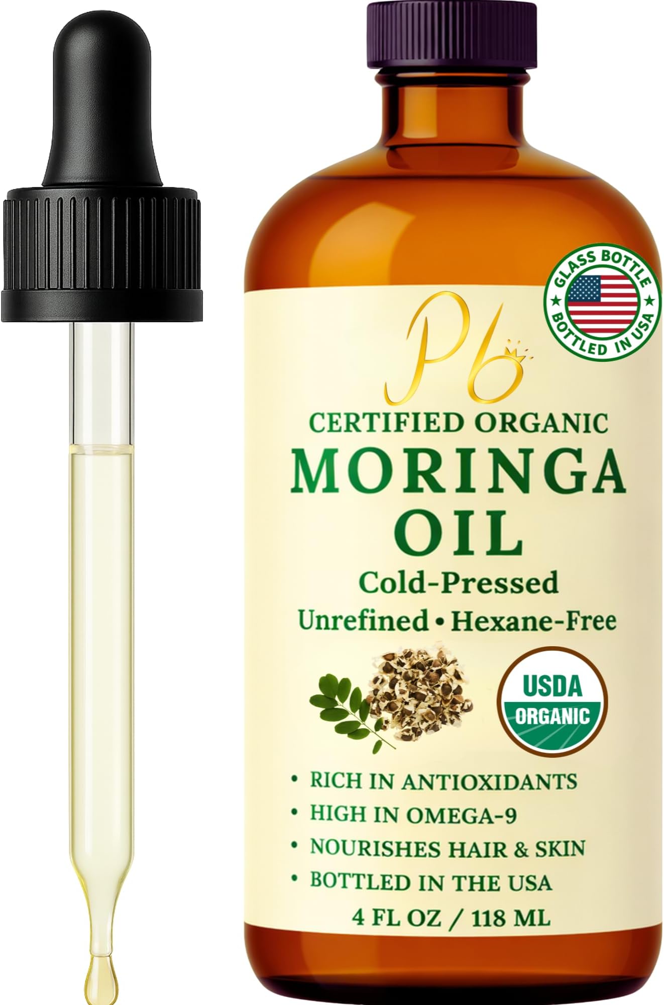 Pomberries Organic Moringa Oil – USDA Certified 100% Pure, Cold-Pressed & Unrefined – Moringa Seed Oil for Face, Skin, Hair & Body – Hydrating, Anti-Aging Moisturizer – 4 fl oz Amber Glass Bottle