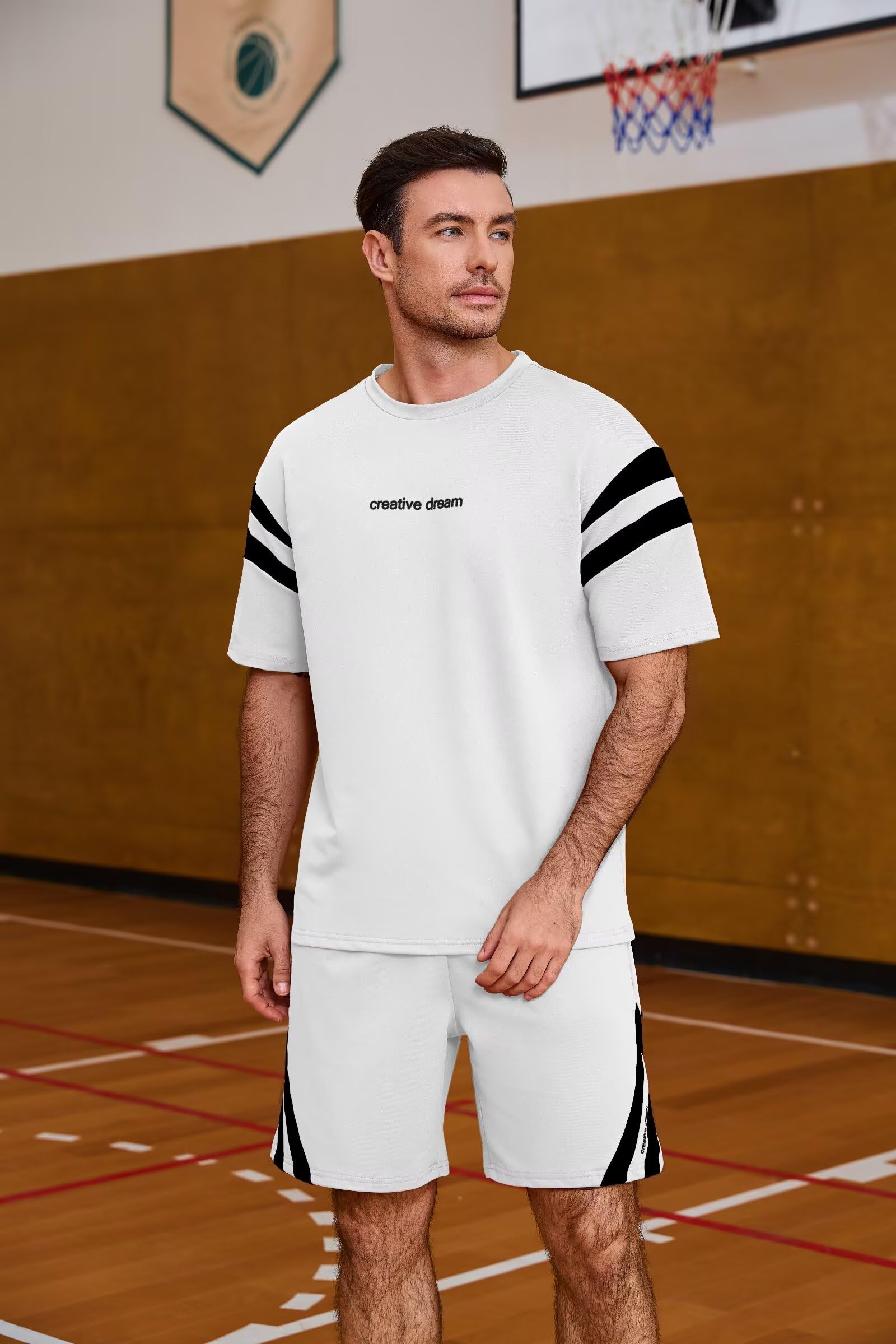 Remxi Tuta da uomo in 2 pezzi, set estivo corto da uomo, maglietta a righe e pantaloni, tuta casual