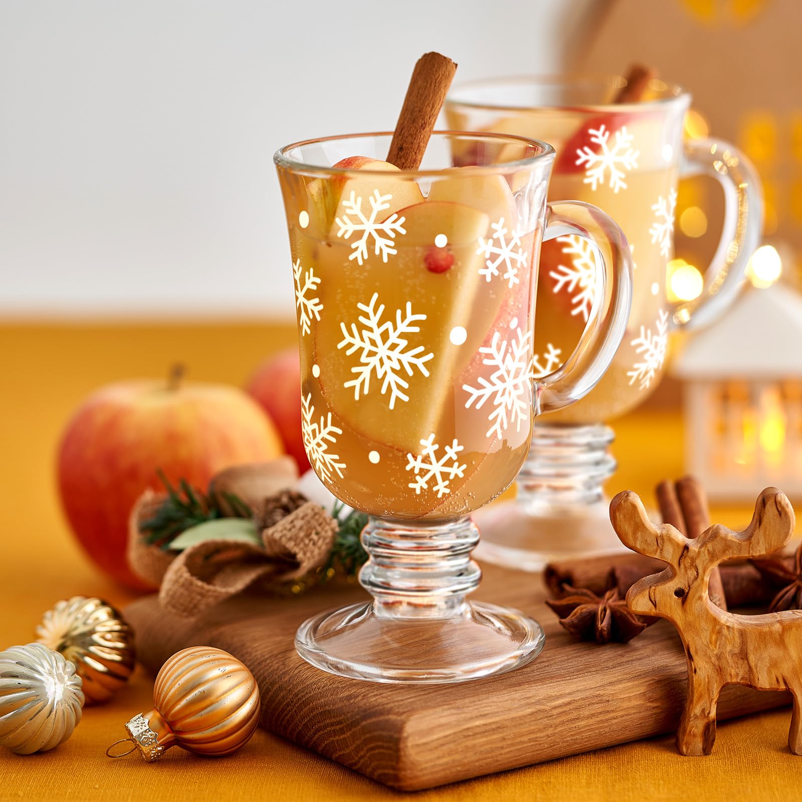 Sliner Kaffeetassen aus Glas mit Griff, 237 ml, transparent, irische Füße, Kaffeetassen, Winterurlaub, für Getränke, Latte, heiße Schokolade (Schneeflocke), 12 Stück