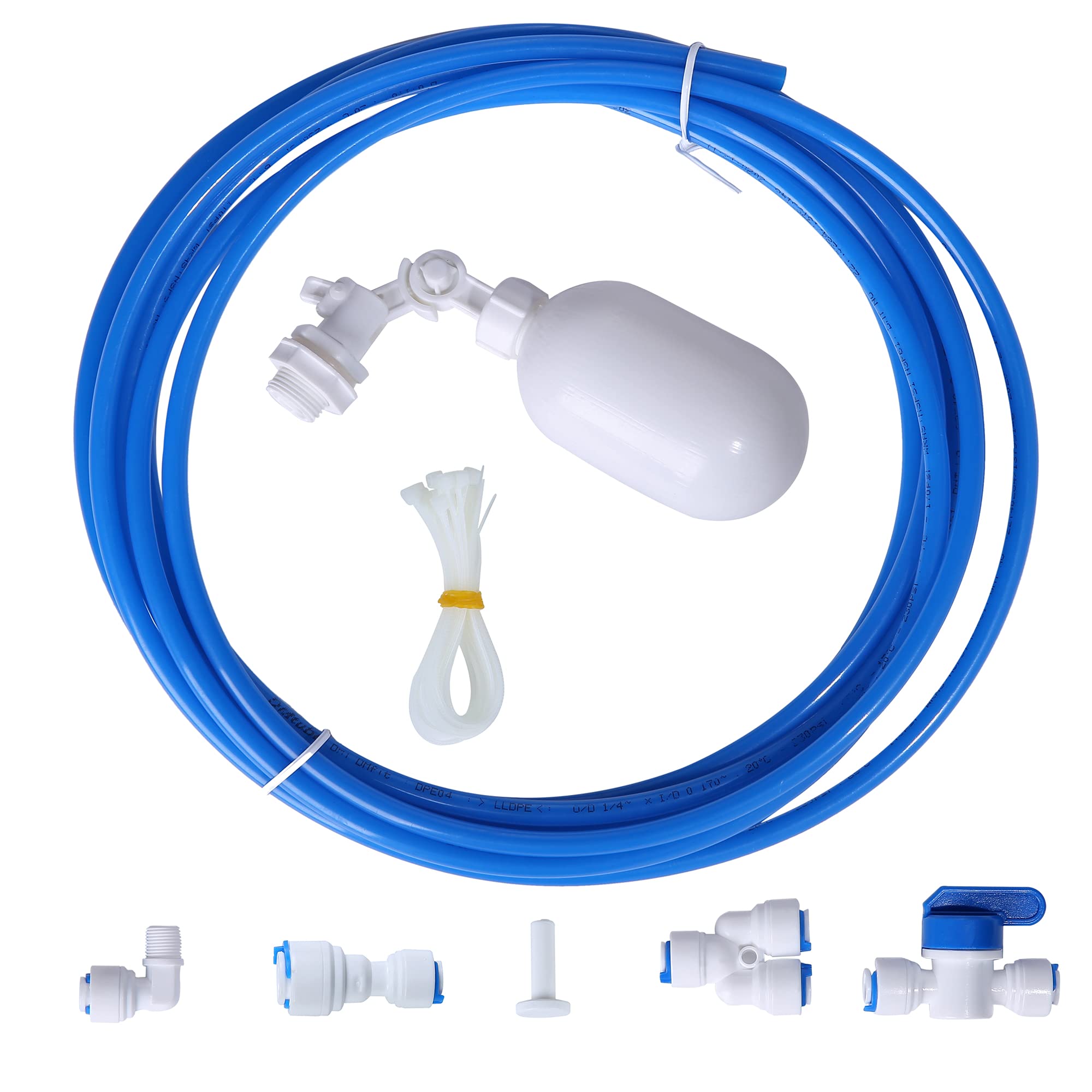 JBT 1/4 inch Tube Float Valve Kit for RO Water Reverse Osmosis System ( ball valve + 6 connectors + 15 feet Blue Hose Tube )