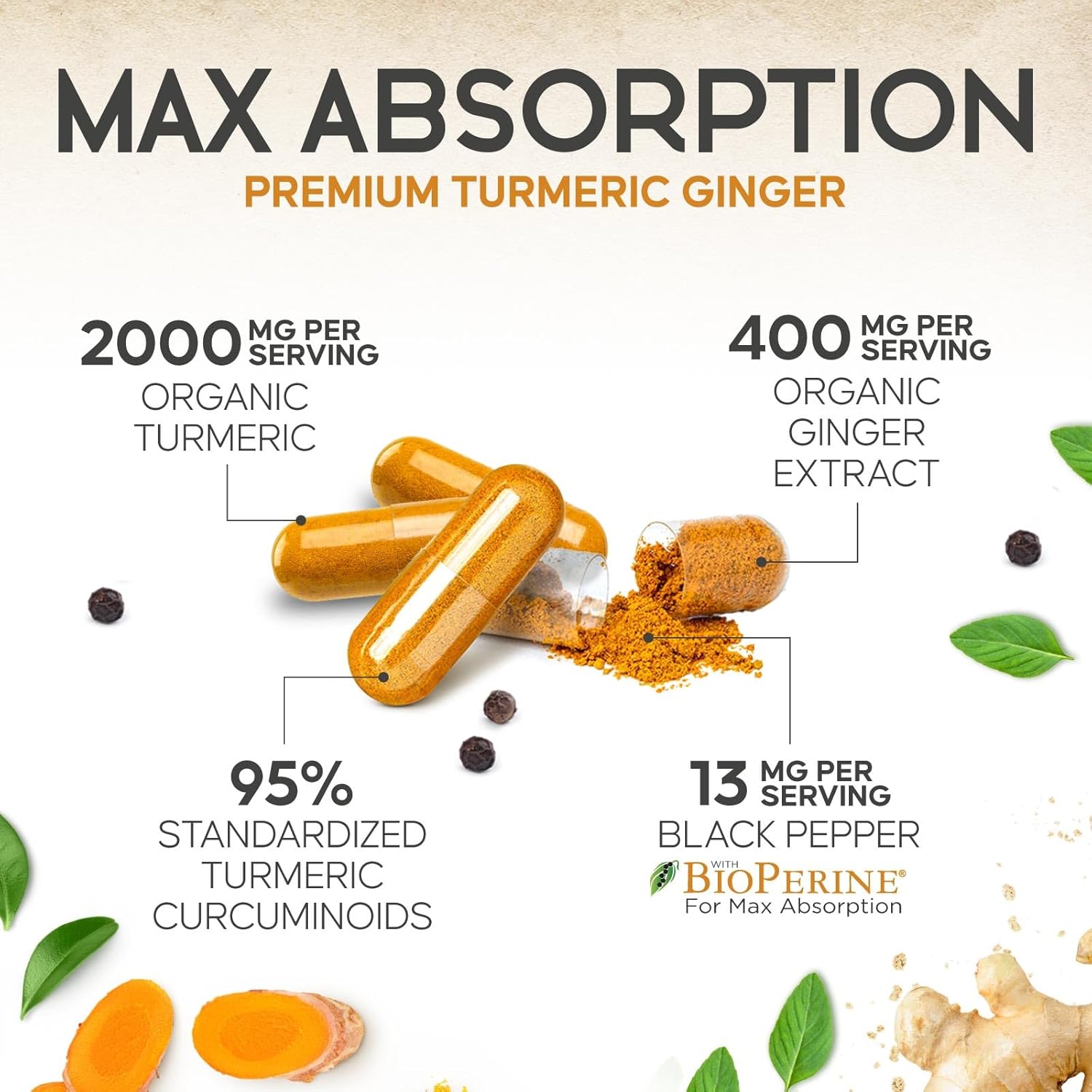Turmeric Curcumin Supplement - 2000mg Organic Turmeric & 400mg Organic Ginger per Serving - 95% Curcuminoids & BioPerine Black Pepper for Best Absorption & Joint Support, Bottled in USA - 240 Capsules