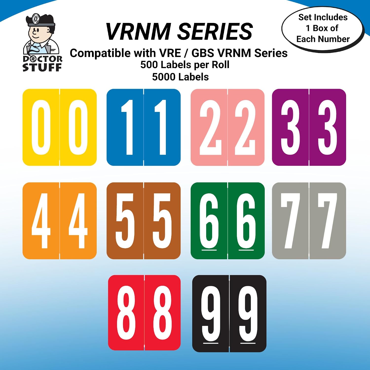Doctor Stuff - File Folder Labels, Complete Set of Numbers 0-9, VRE/GBS 8860 MatchSYS #1 - VRNM Series Chart Stickers, 1.3"x 1-1/4", 1 Each of 10 Rolls, 500/Roll