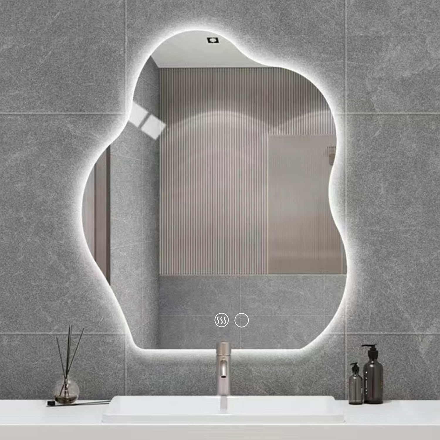 Anti-Fog Bathroom Vanity Mirror, Frameless Irregular Wall Mirror With LED Light, Backlit Illuminated Bathroom Mirror With LED Tri-colour Dimmable, Irregular Cloud Decorative Mirror,Smart Touch Button
