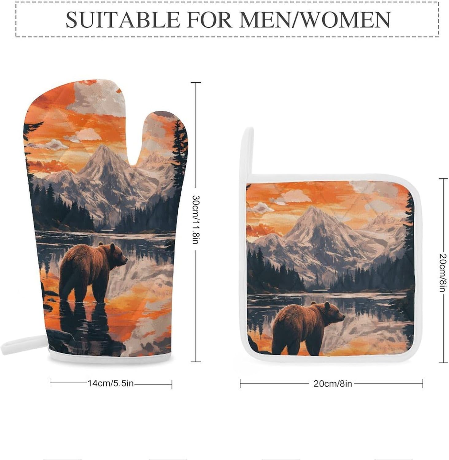 Bear Snow Mountain Sunset Oven Mitts and Pot Holders 4Pcs Set Heat Resistant Cooking Mitts Hot Pads