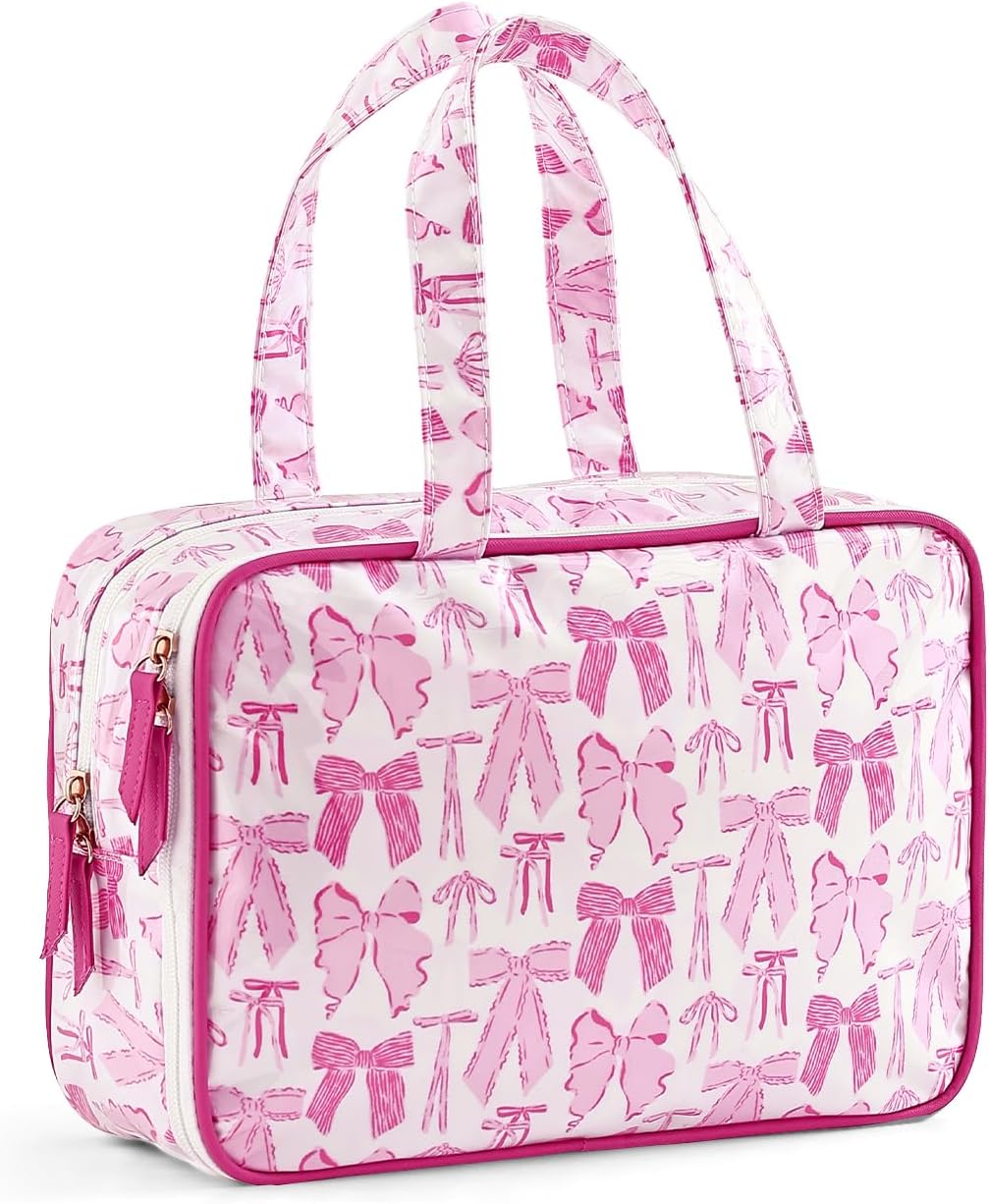 Travel Toiletry Bag for Women, Waterproof Clear Coated Portable Stripe Makeup Cosmetic Bag with Compartment, Travel Organizer for Shampoo, Conditioner, Brushes Set,Cosmetic Accessories(Pink Bow)