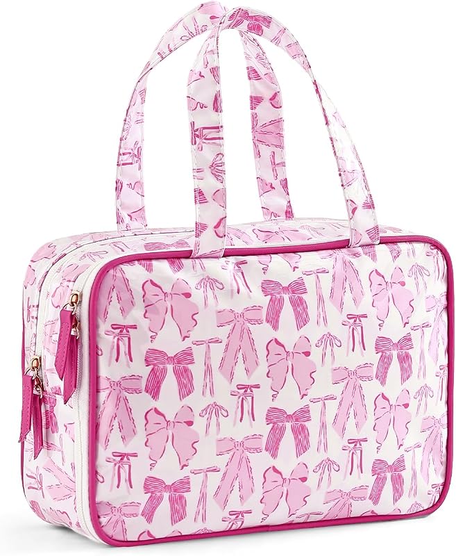 Necessaire de viagem THOVSMOON com laço rosa, 2 compartimentos