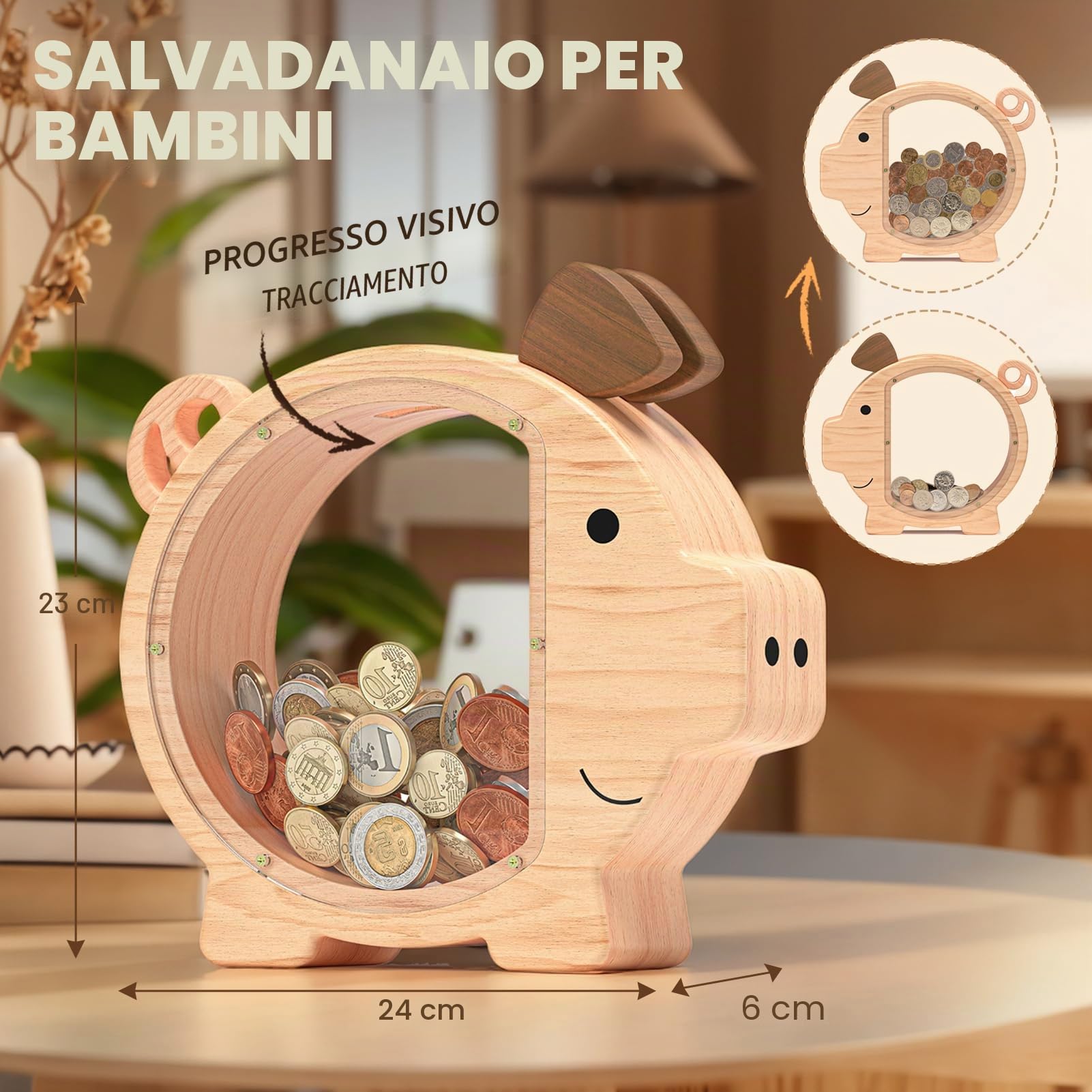 Summidate Salvadanaio in legno personalizzato per ragazzi ragazze bambini grandi banconote infrangibili cambio moneta barattolo risparmio di denaro regalo decorazione (L, salvadanaio in legno)