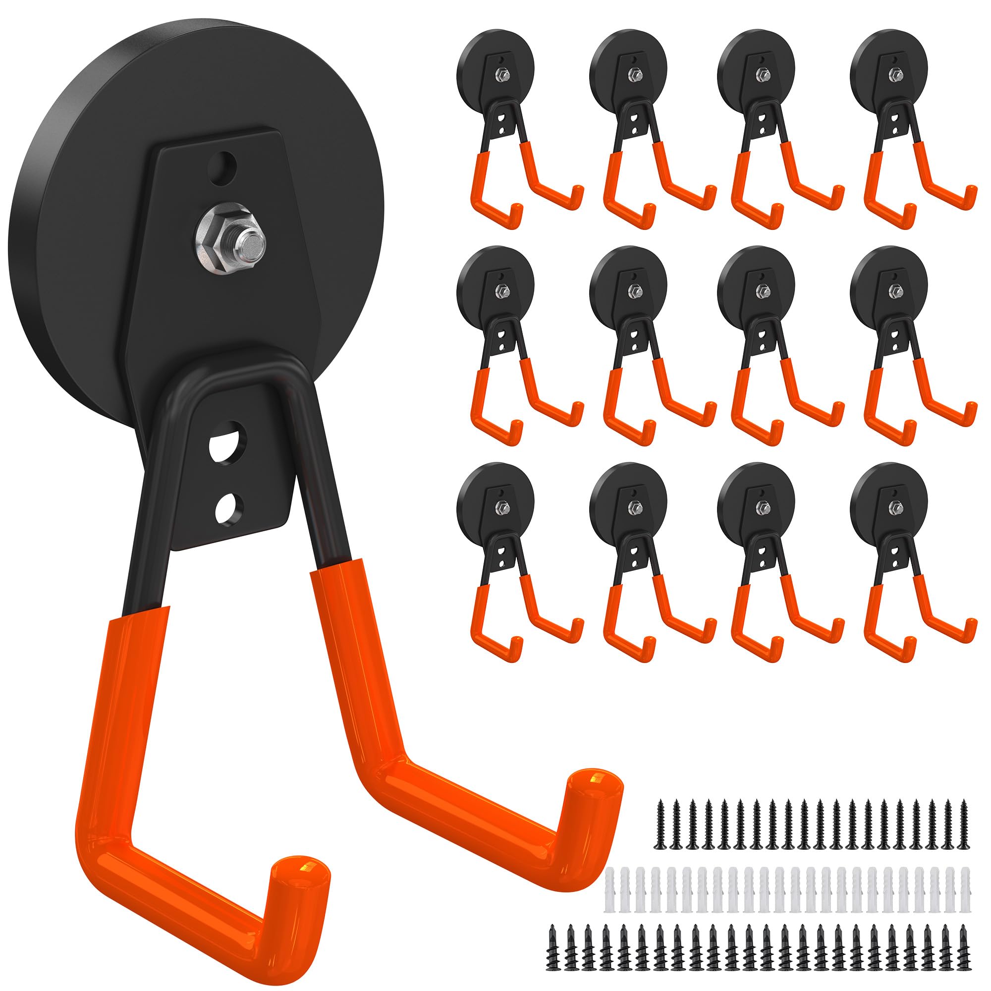 Heavy Duty Storage Magnetic Utility Hooks Large Garage Strong Extra Magnet Hooks Hanger with Anti-Slip Coating Heavy Duty Magnetic Hooks for Hanging Power Dril Garage Garden Tools (12 Pcs - Orange)