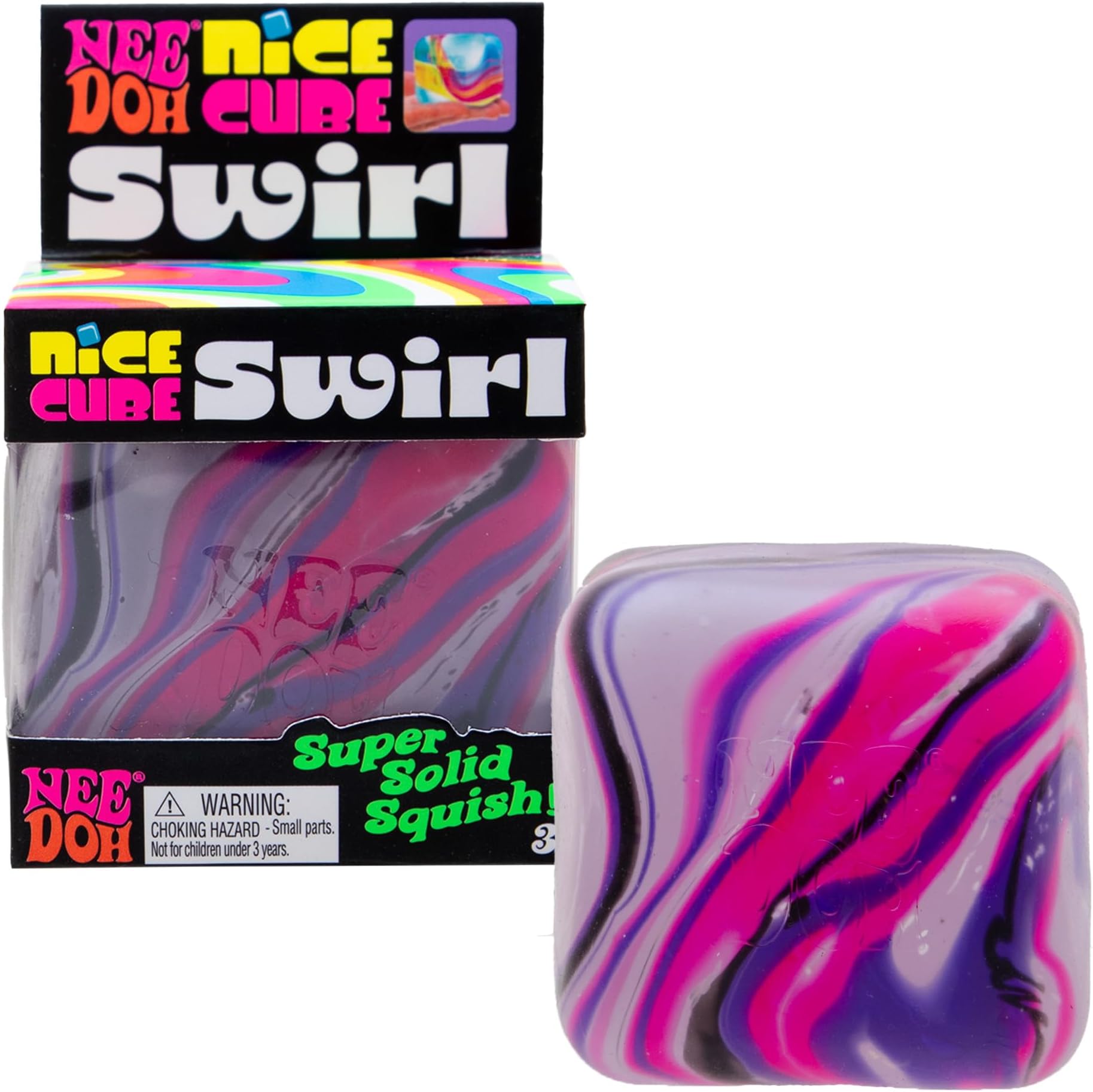Schylling NeeDoh Nice Cube Swirl - Ultra Solid Squishy Sensory Toy - Unique Swirling Color Blend - Ages 3+ - Pink/White/Purple; 1 cube per pack