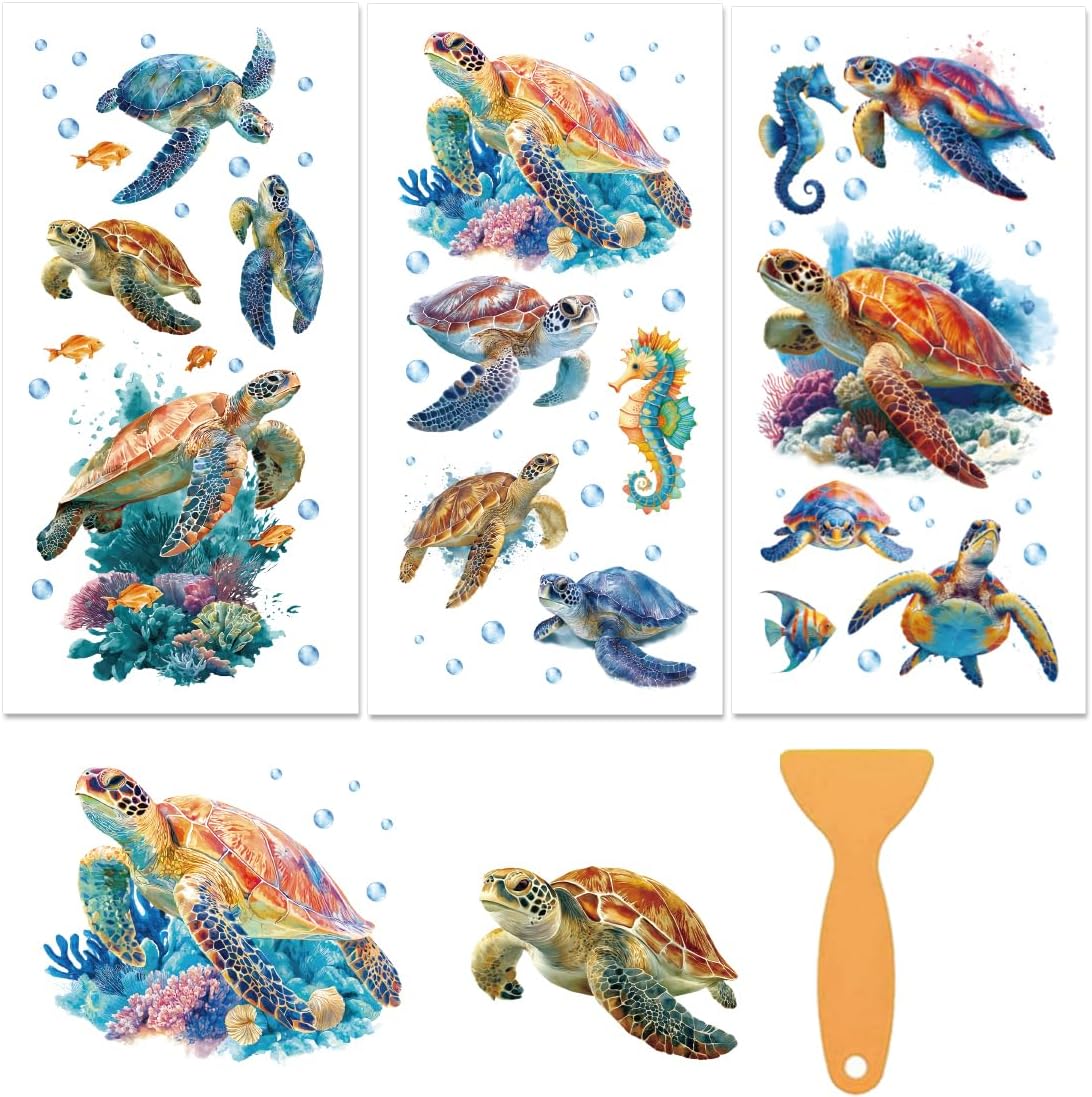 3 Sheets Sea Rub on Transfer Stickers for Furniture and Crafts Sea Turtles Wall Stickers Waterproof Transfer Decals Sticker Marine Animal Transfer Sticker for Dresser Glass Wood 6"x12"