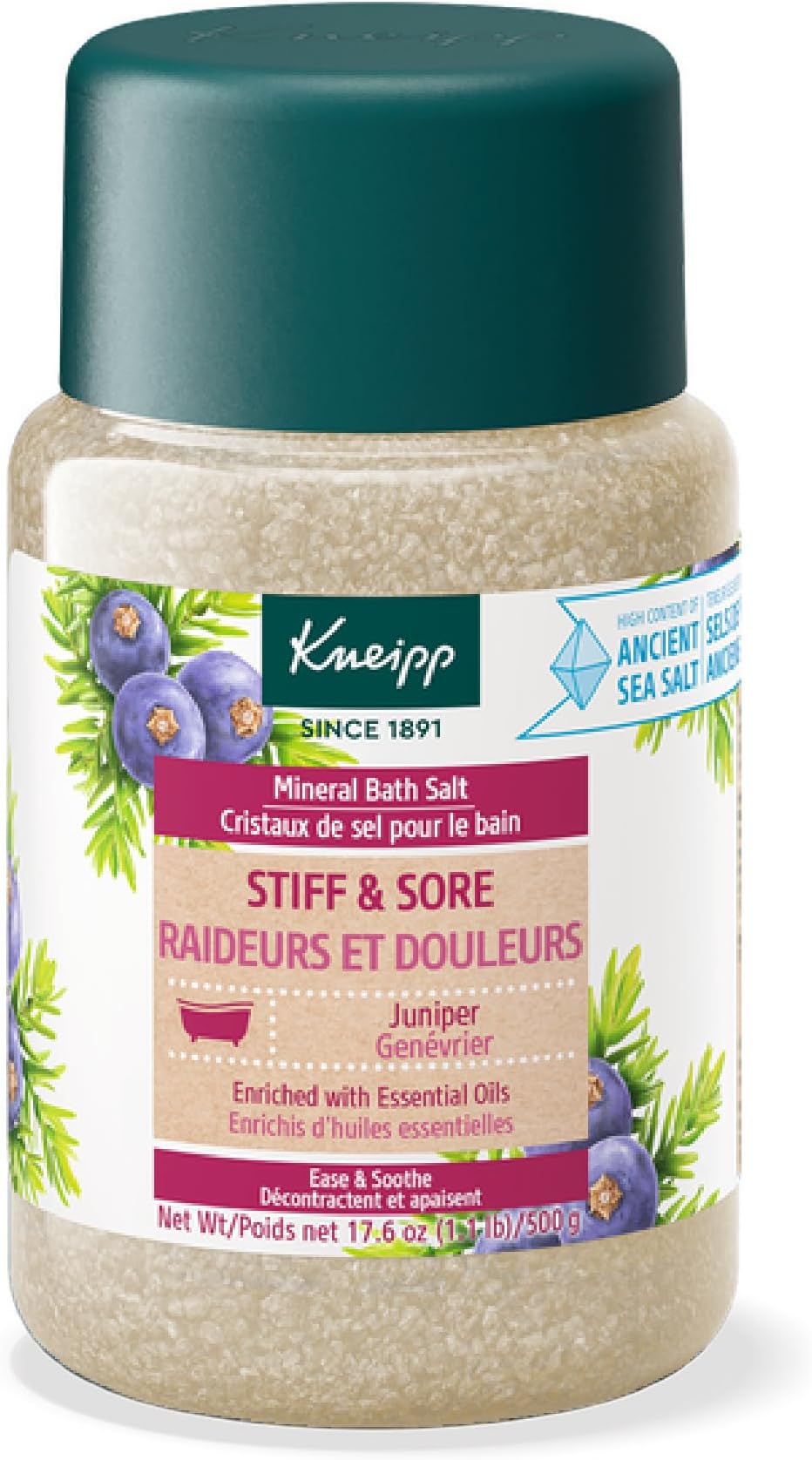 Kneipp Stiff & Sore Juniper Mineral Bath Salt with Wintergreen & Rosemary - 17.6 oz - Up to 10 Baths