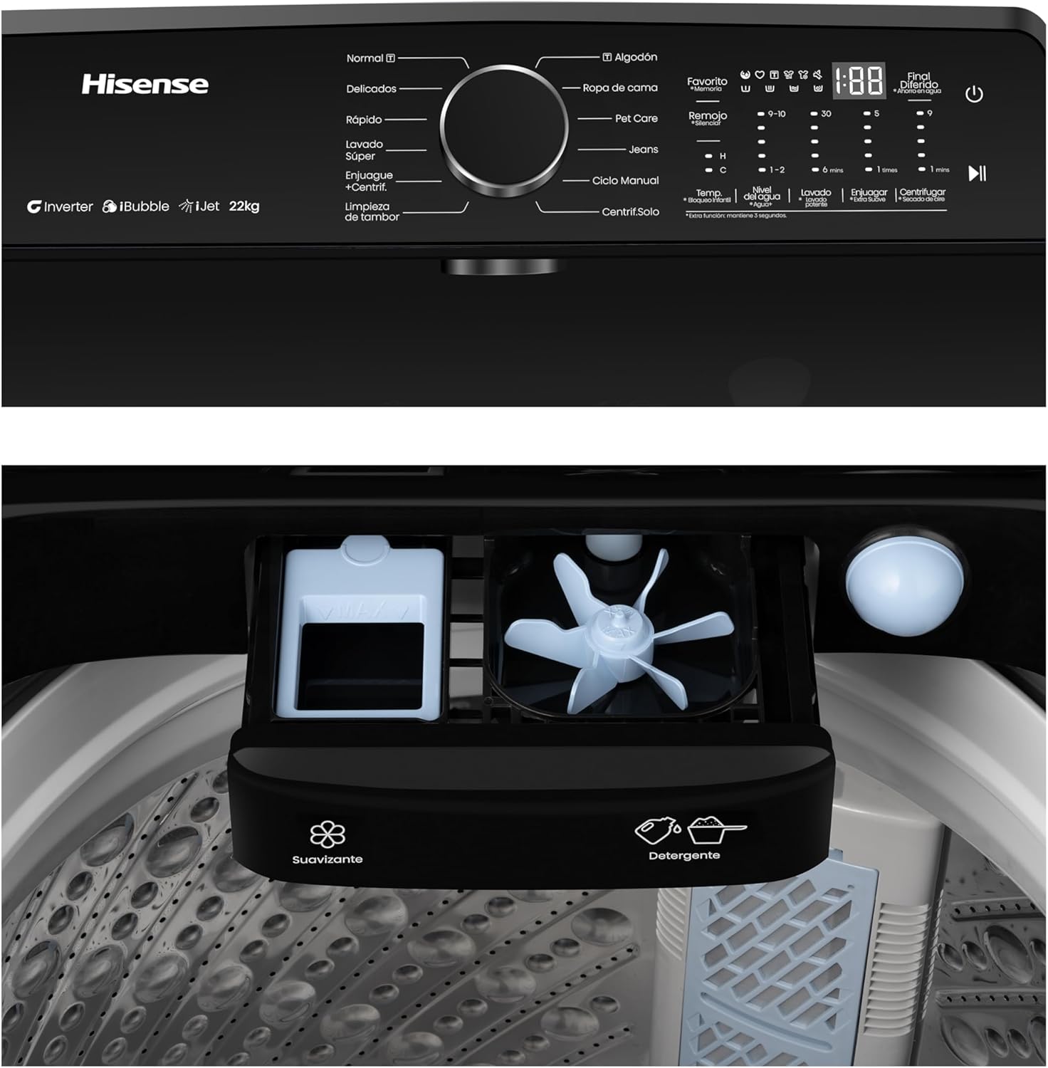 Close-up of the Hisense WT5i2223DB washing machine control panel and detergent dispenser.
