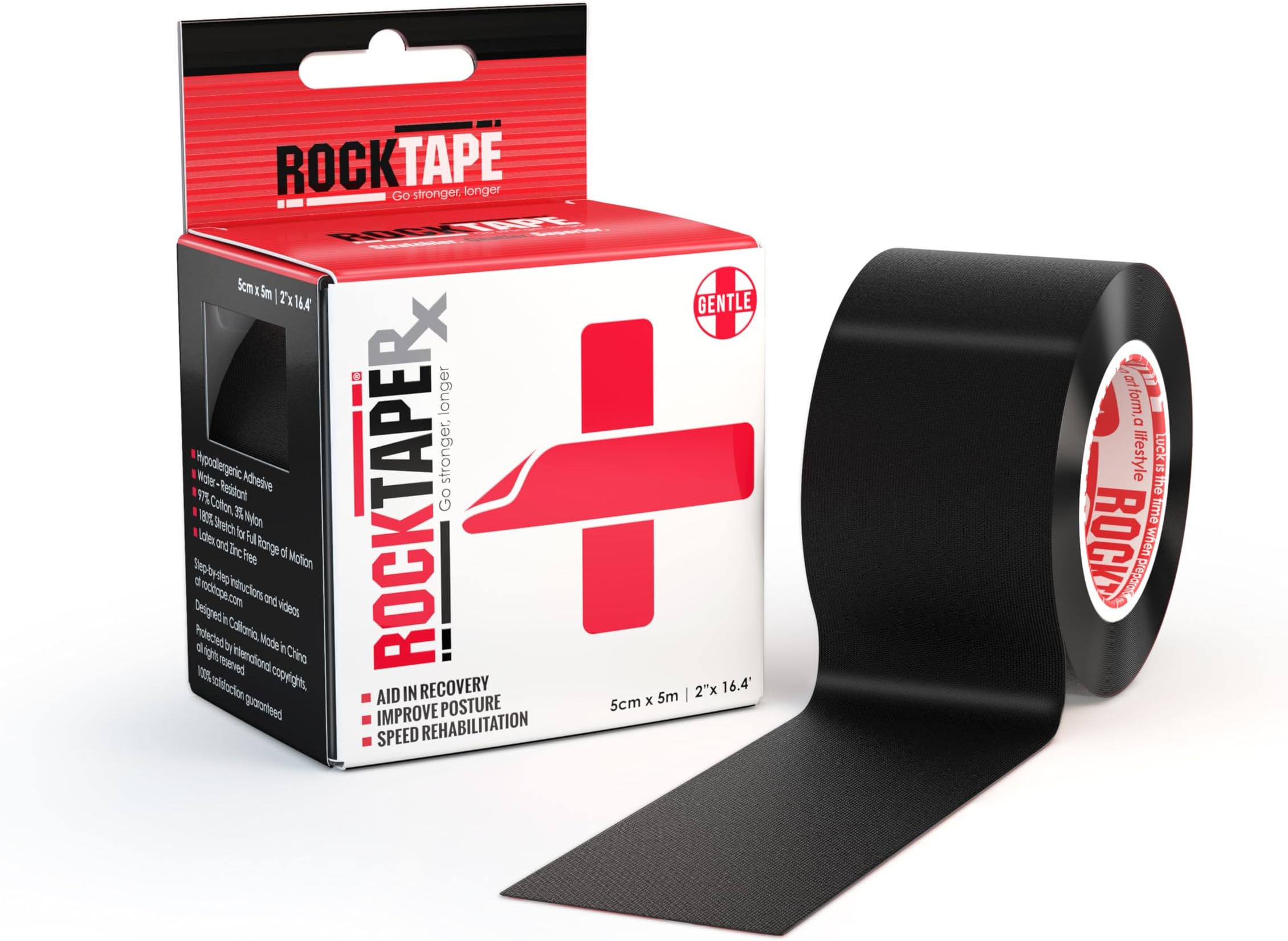 RockTapeRx Unisex Kinesiology Tape (5cm x 5m Roll) - Elastic Therapeutic Tape for Rehab & Posture Training - Gentle Adhesive for Sensitive Skin - Physio Sports Tape for Athletes - Black