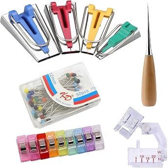 GIONAR Bias Tape Maker Set Bias Tape Tool Set with Fabric Clips Sewing Clips Pearl Head Pins and Awl 6/12/18/25 mm Tape Maker Stainless Steel Sewing Accessories