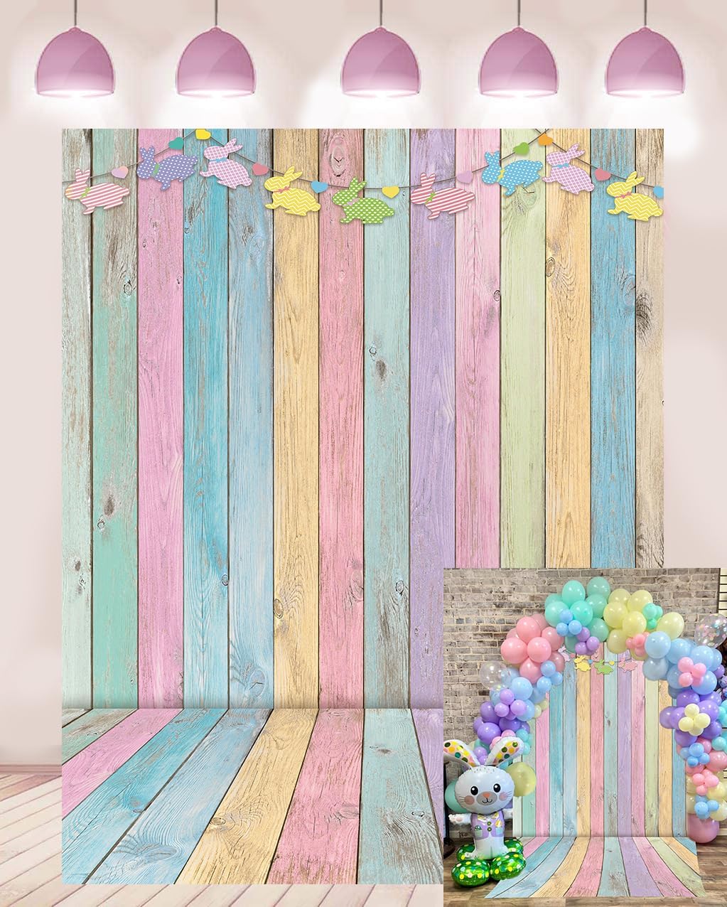 Easter Colorful Wood Backdrop Pastel Bunny Banner Rustic Wooden Photography Background Easter Party Decoration Spring Event Supplies Kids Birthday Baby Shower Portrait Photo Booth Props 5x7FT